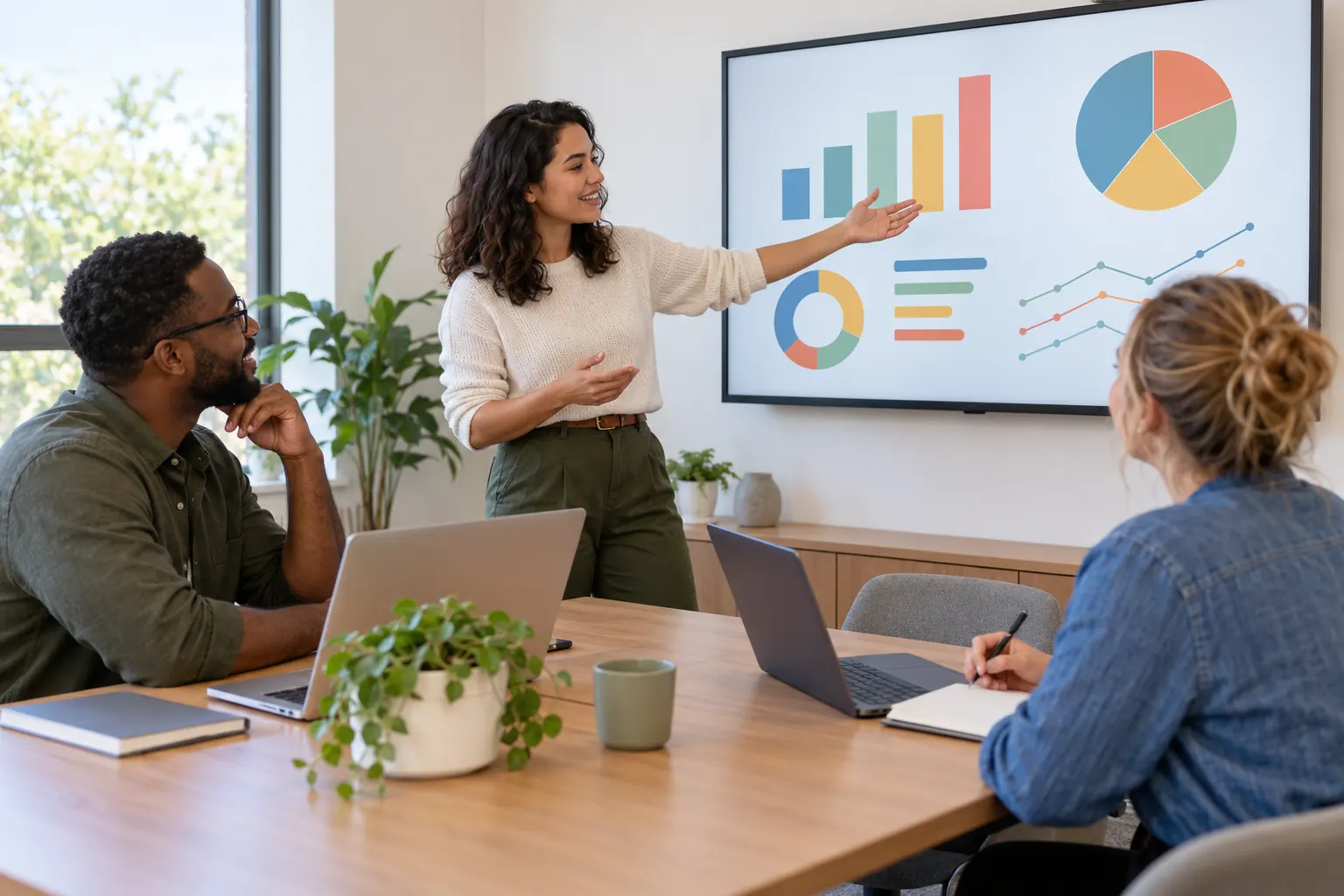 A woman points to colorful bar and pie charts on a wall screen while two colleagues listen at a table.