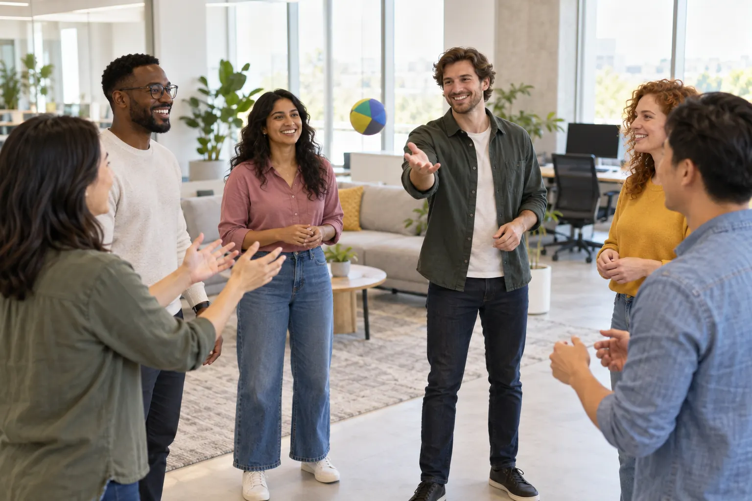 Coworkers standing in a circle in a bright office, smiling as one tosses a soft ball across.