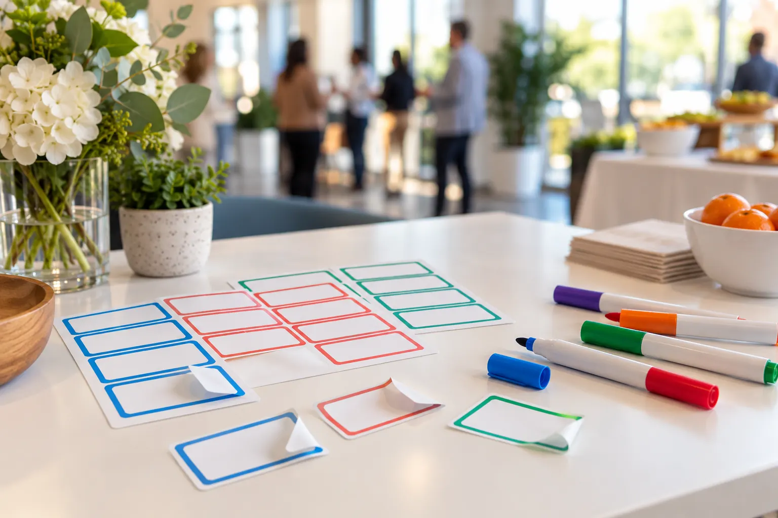 Blank name tag stickers and colored markers on a welcome table, with guests chatting in the background.