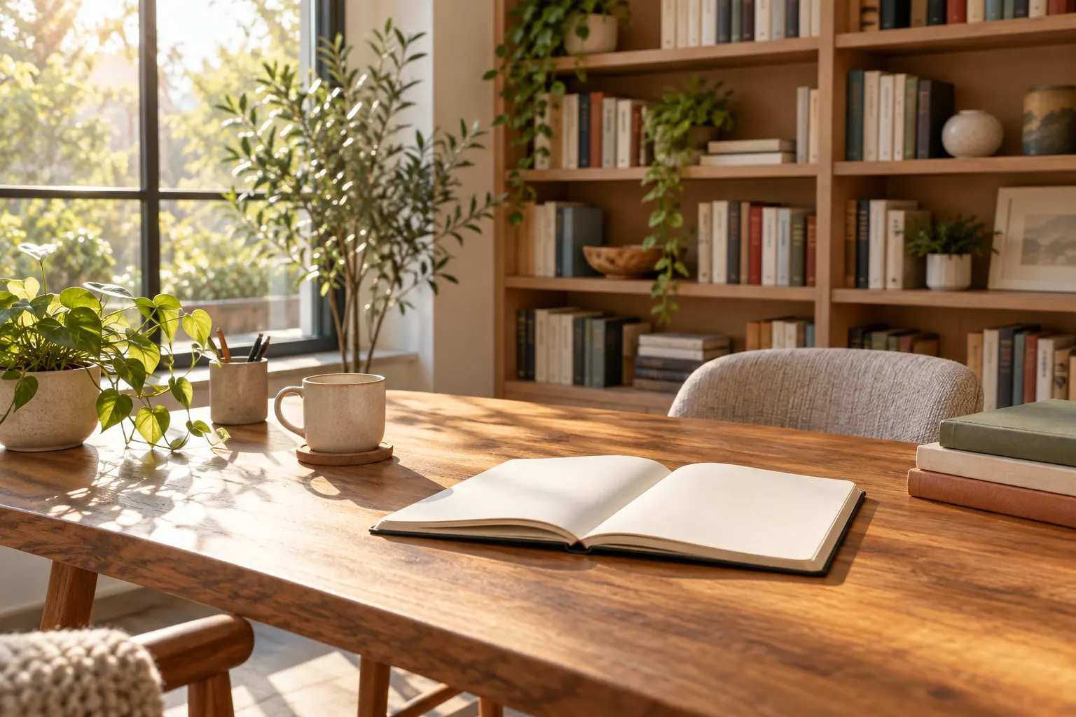 A quiet office library corner with full bookshelves and an open notebook on a wooden table in morning light.