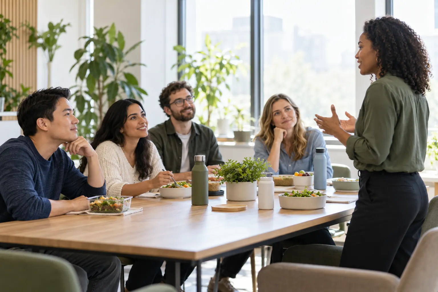 Coworkers at a lunch-and-learn listen closely to a speaker in a bright room with plants.