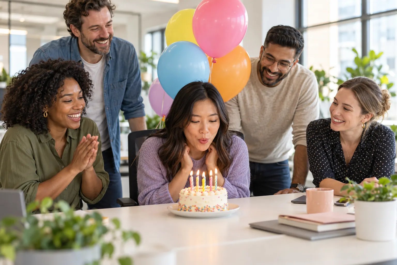 Coworkers gather around a desk as a colleague blows out the candles on a small birthday cake.