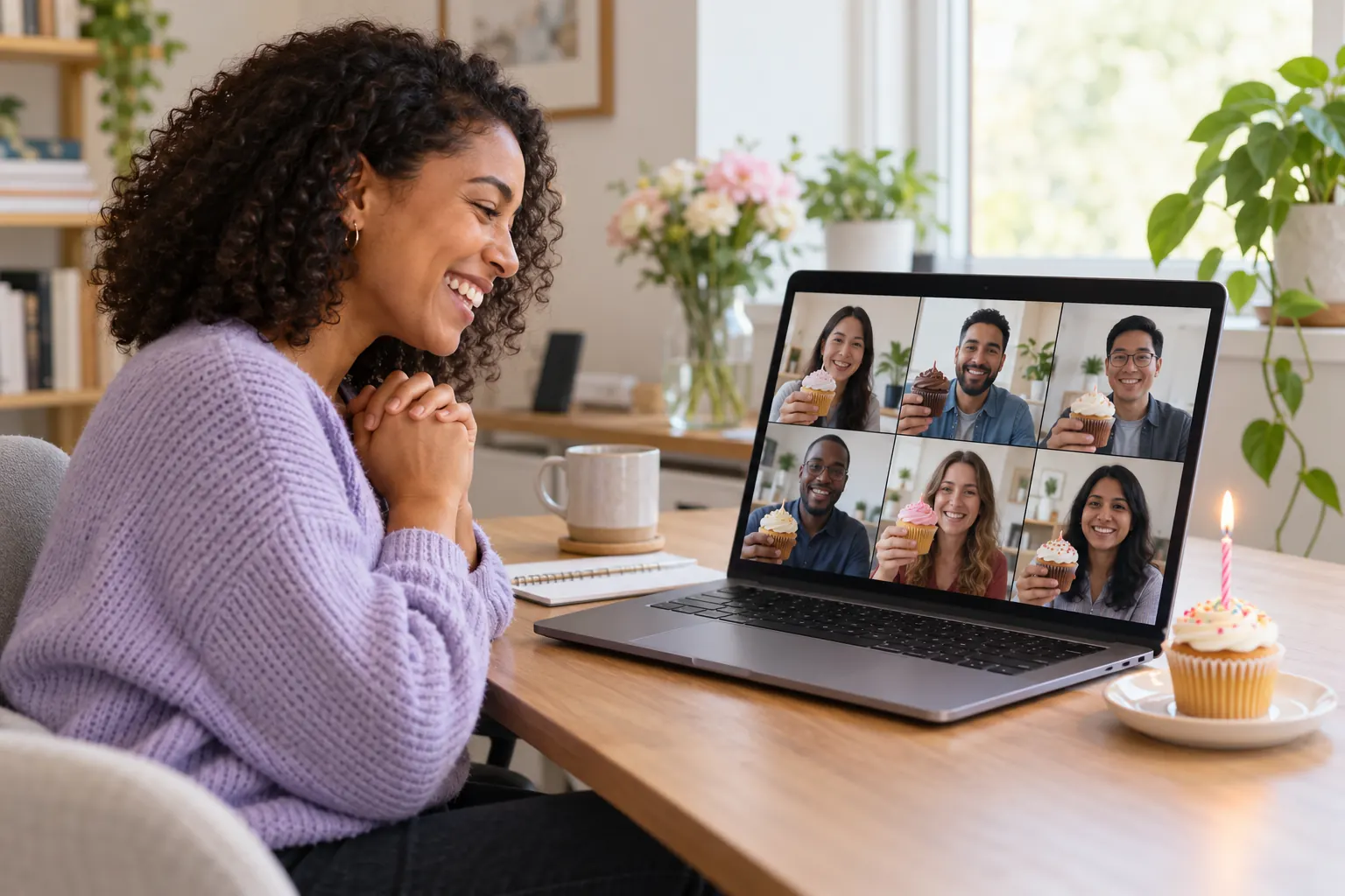 A remote worker smiles at a video call of teammates holding up cupcakes, her own candle-lit cupcake nearby.