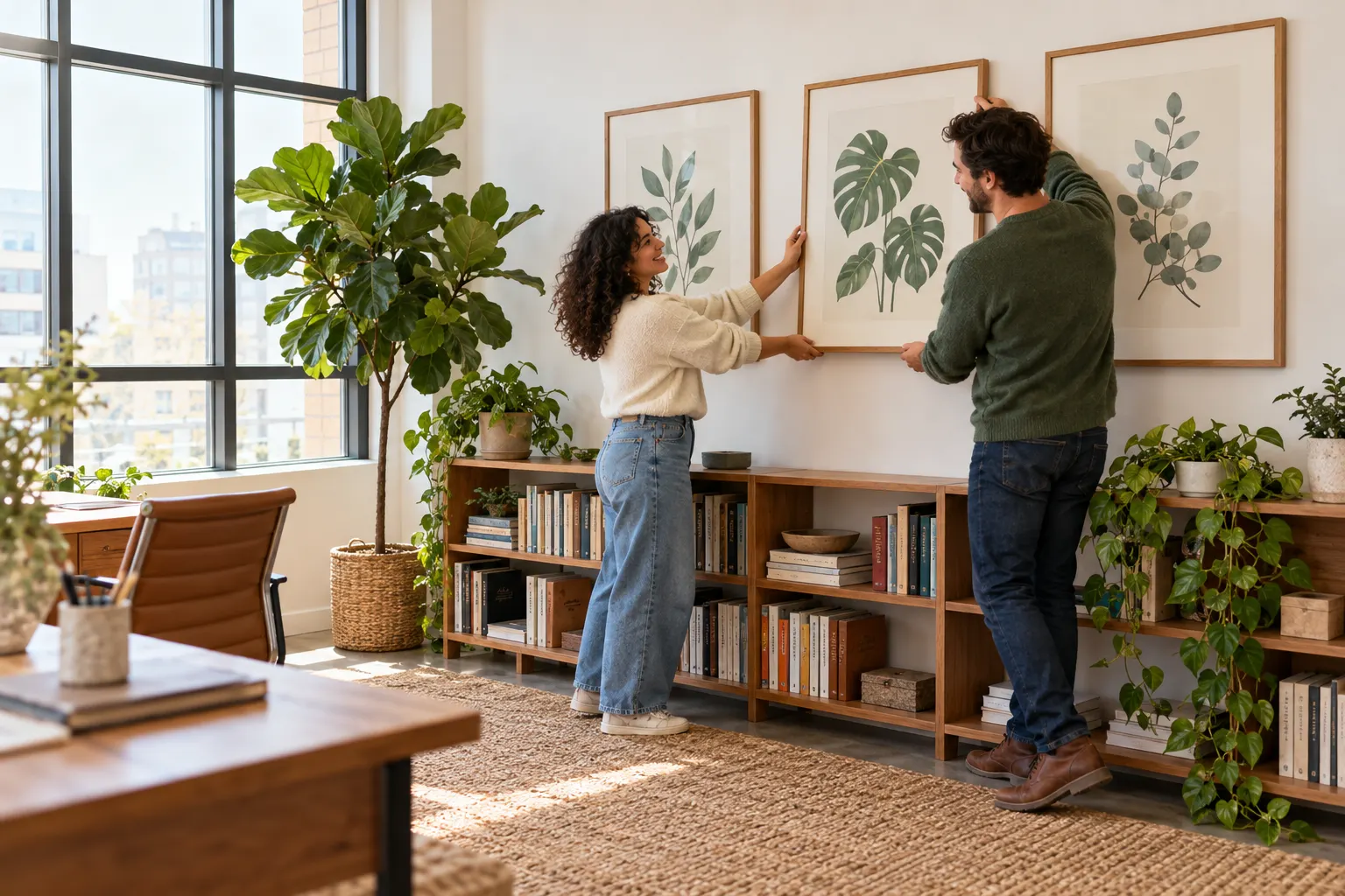 Two coworkers hang framed botanical prints above a low bookshelf with potted plants in a bright shared office
