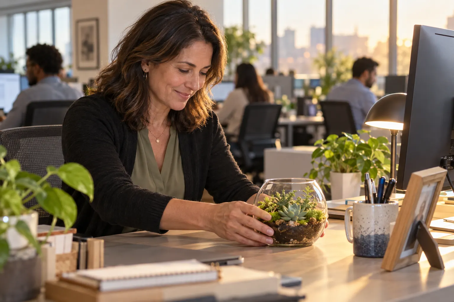 A woman sets a small moss and succulent terrarium beside her monitor at her desk in an open office
