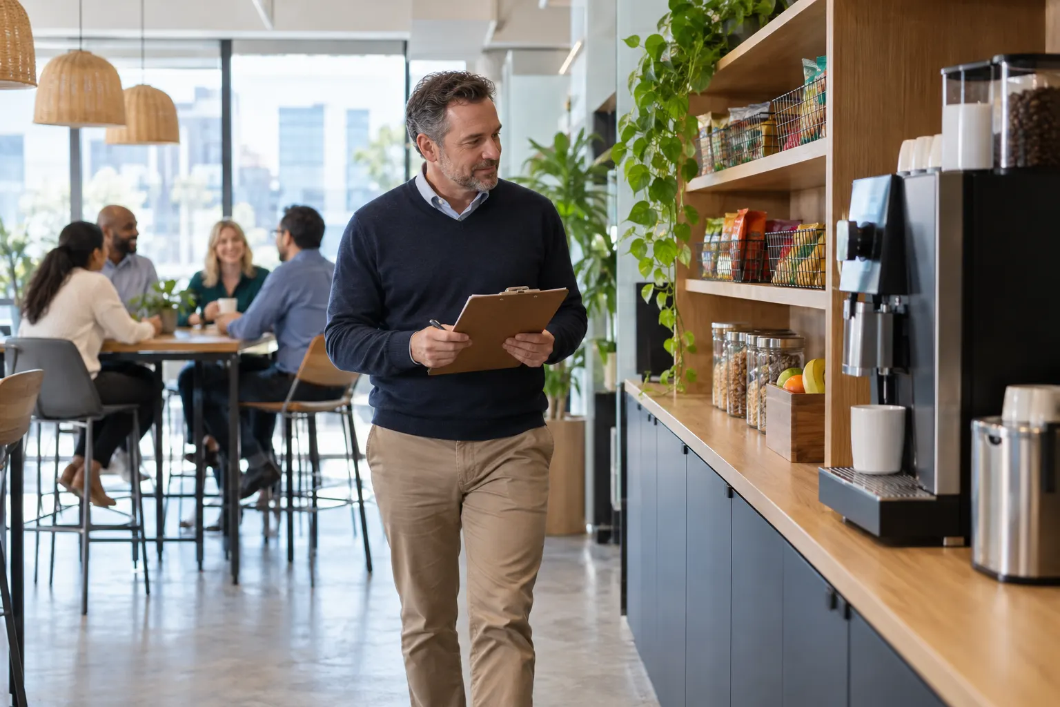An office manager with a clipboard walks past the stocked snack shelves and coffee machine of an office kitchen while coworkers chat at a high table