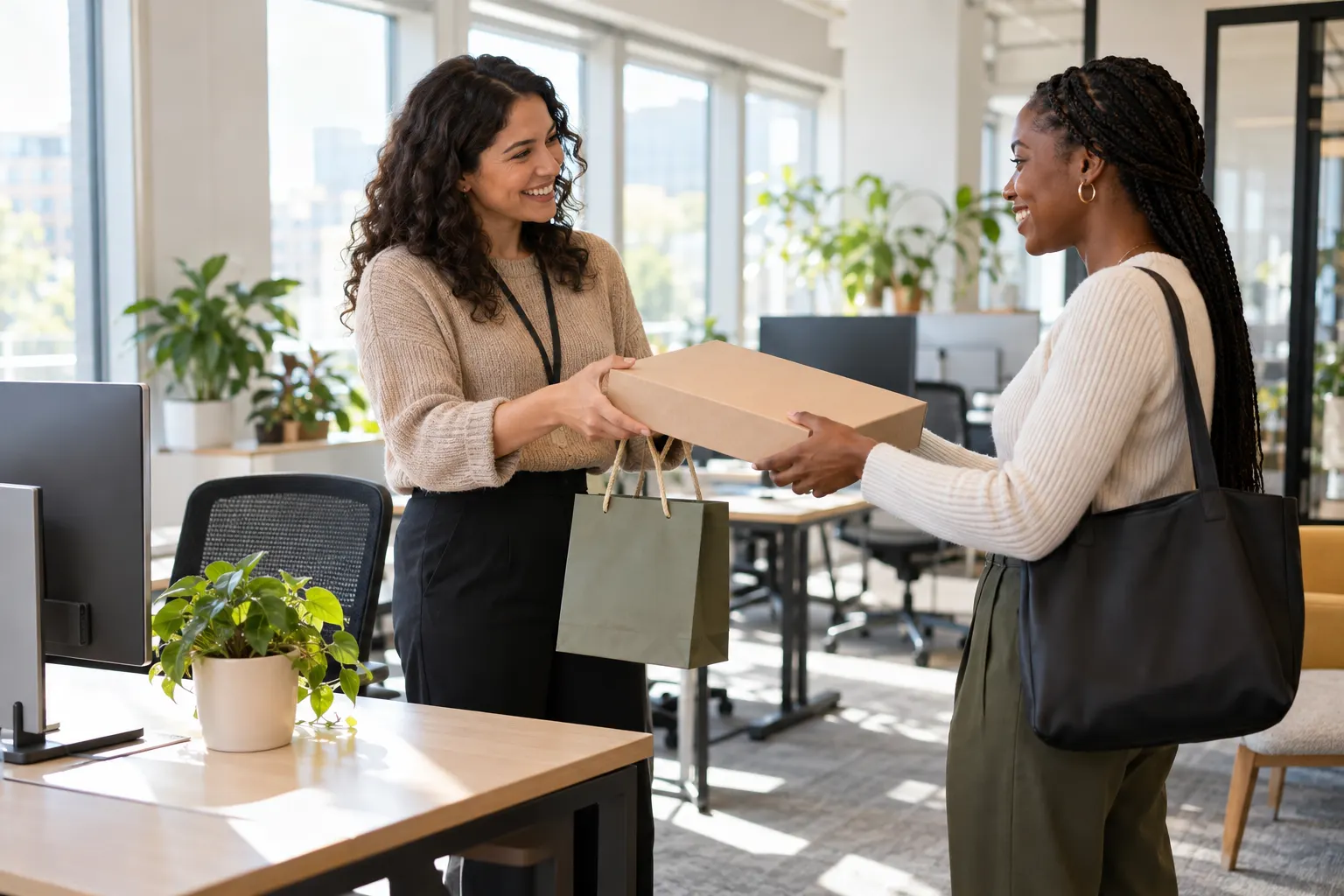 An office manager hands a box and a welcome bag to a smiling new hire beside a desk set up with a monitor and a plant