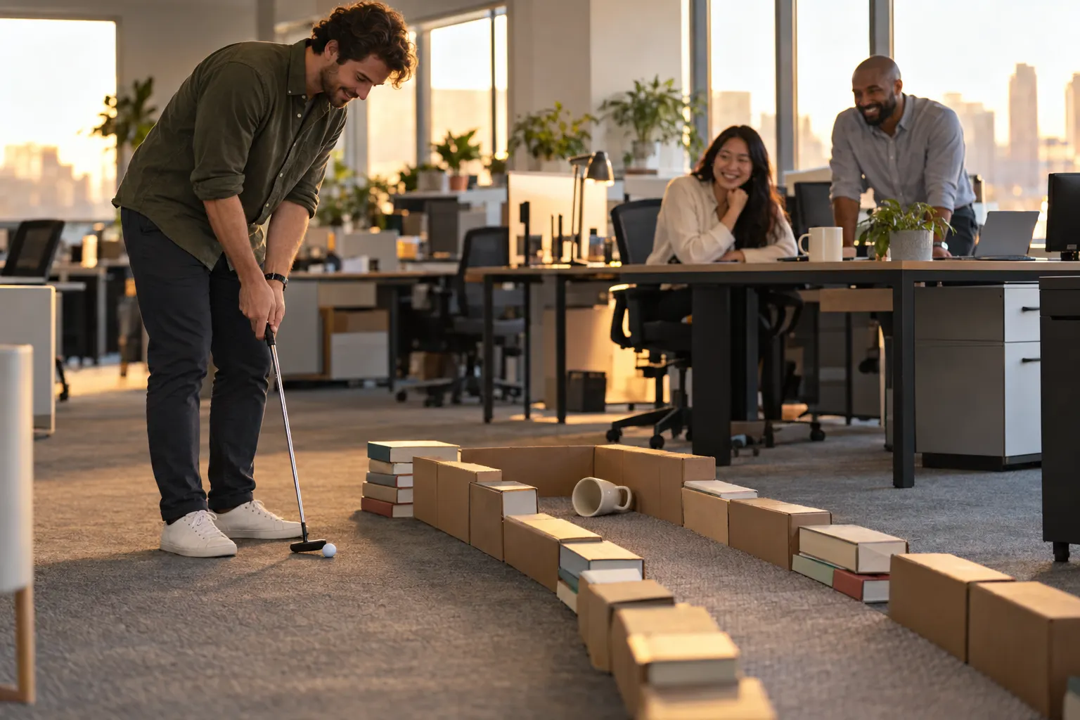 A coworker putts toward a mug lying on its side at the end of a lane of books and cardboard boxes while two colleagues smile from a desk.