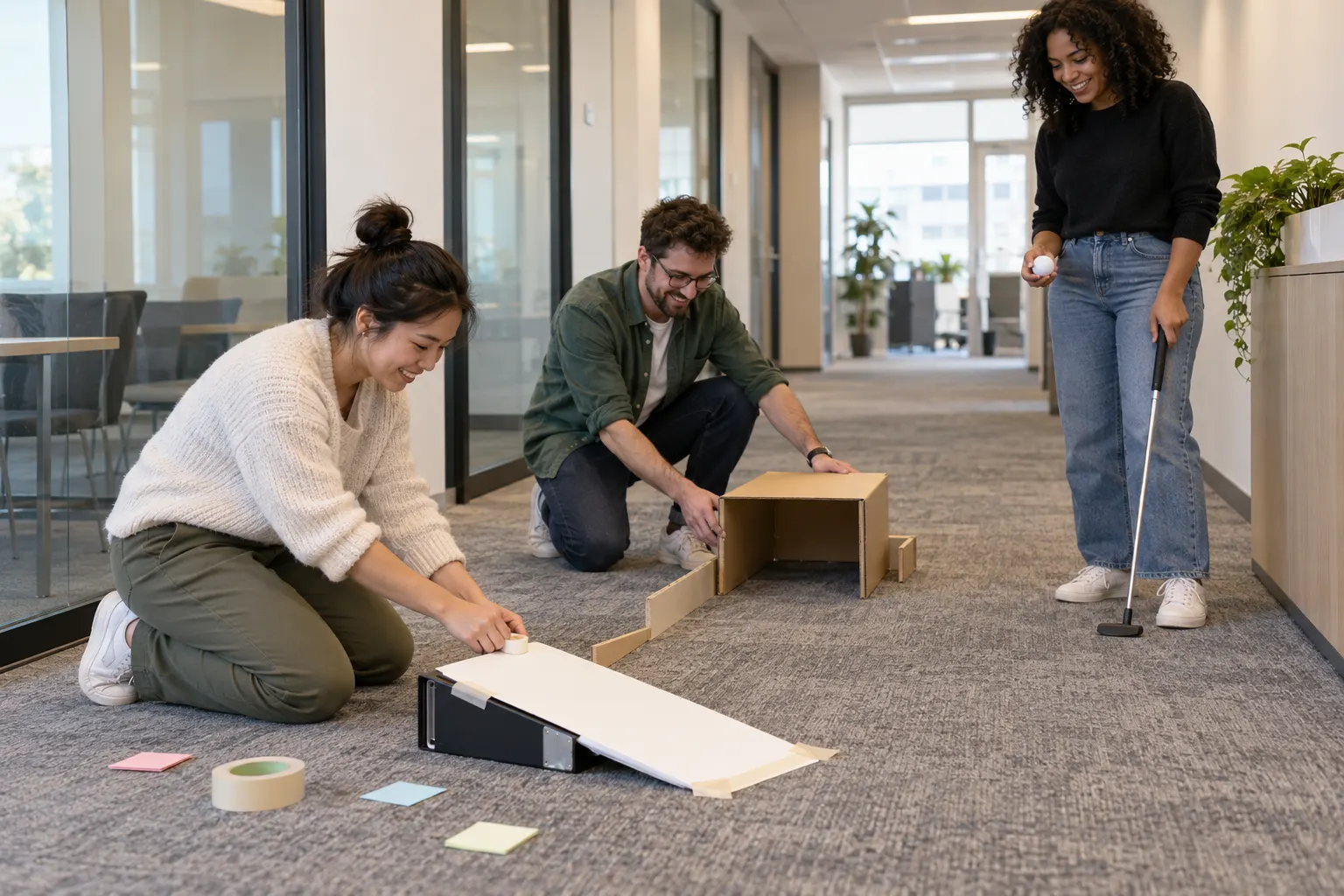 Two coworkers kneel on a hallway carpet taping a binder ramp and setting a cardboard tunnel while a third waits with a putter and ball.