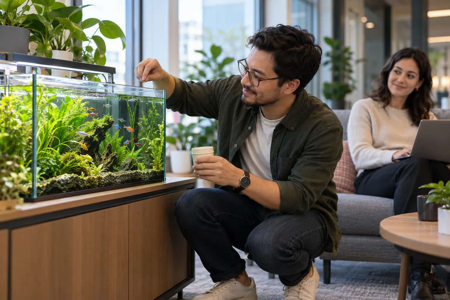 A coworker crouches to feed the fish in a planted aquarium in an office lounge while a colleague looks over