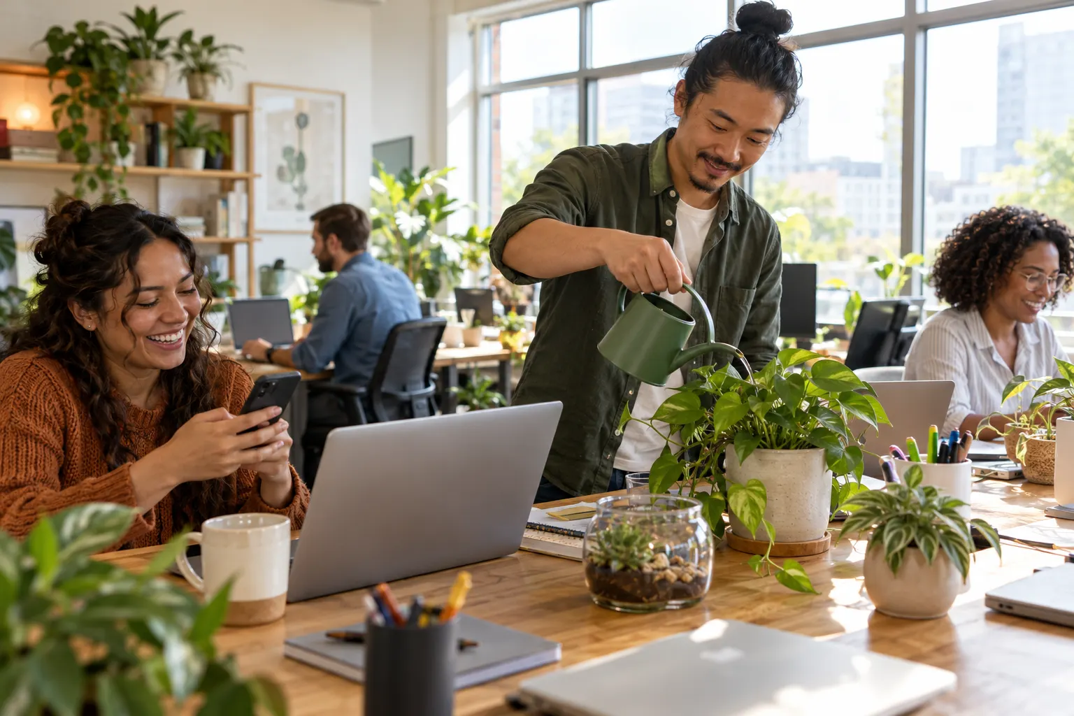 A coworker waters a pothos on a desk lined with small plants and a glass terrarium while a colleague laughs