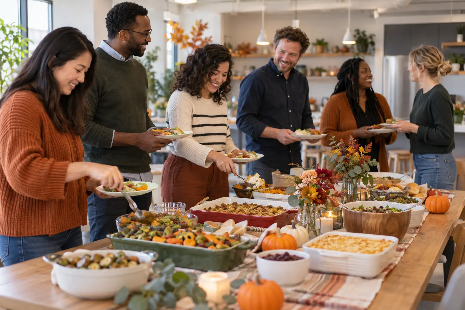 Coworkers serving themselves from a long office table of casseroles, salads and side dishes with autumn decor.