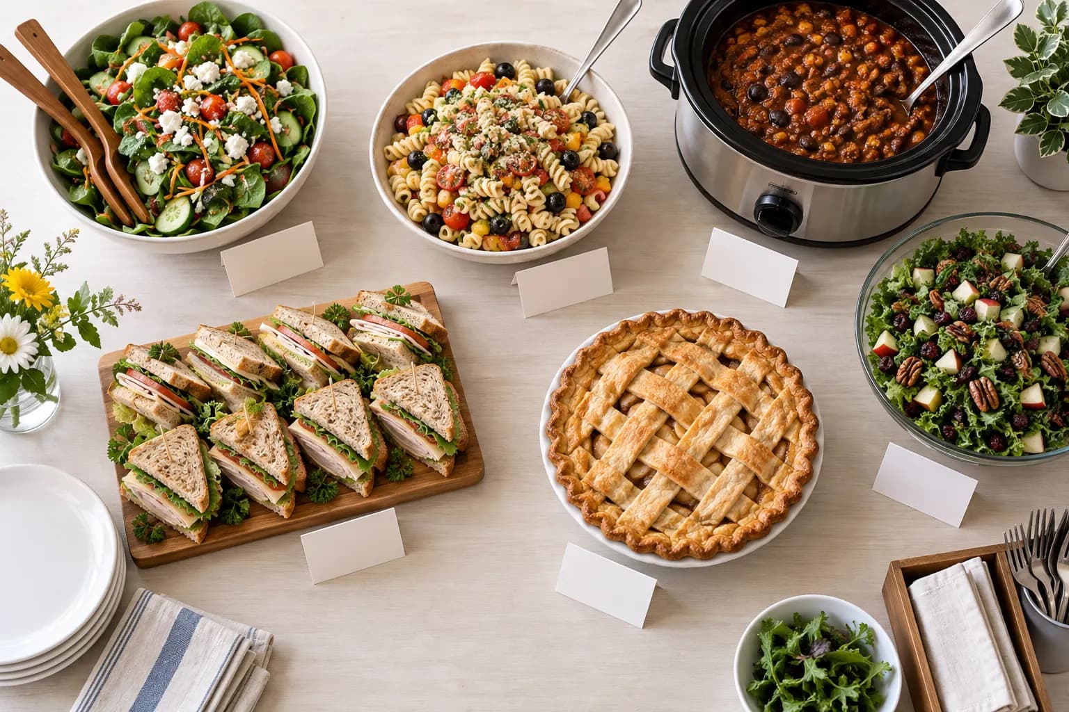 A potluck table from above with salads, sandwiches, a pie and a slow cooker, each beside a blank tent card.
