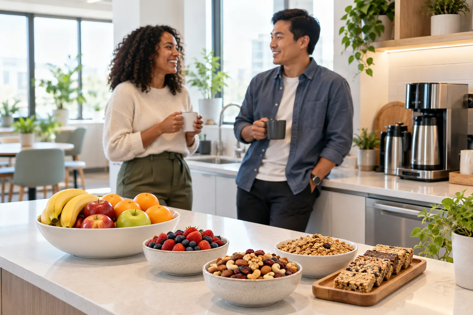 An office kitchen counter with bowls of fruit, mixed nuts, granola bars and a coffee station, coworkers chatting nearby.