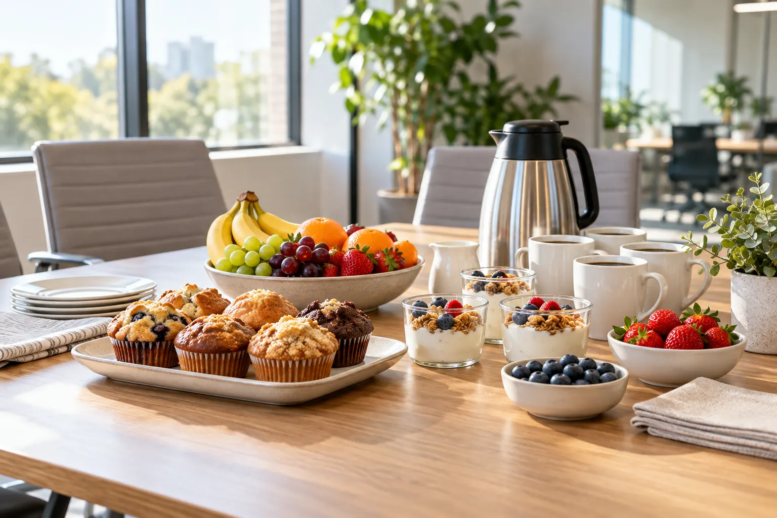 A meeting room table set with muffins, fruit, yogurt cups and coffee before a morning meeting.