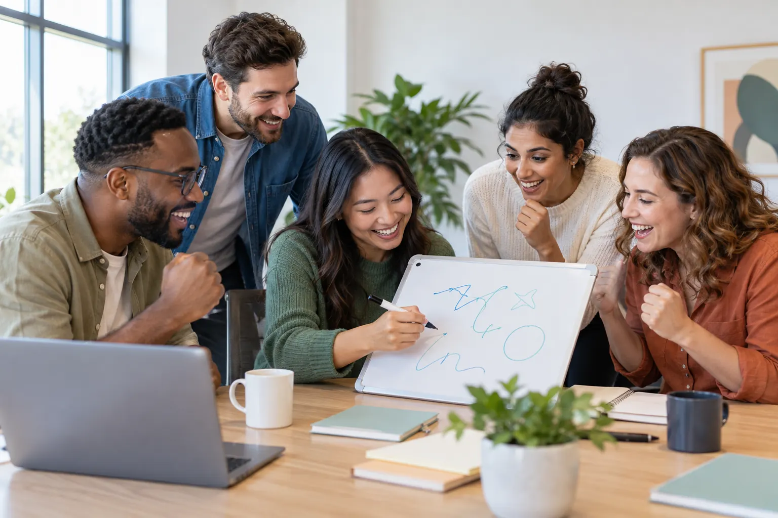Coworkers crowd around a small whiteboard, cheering as one teammate writes their team's answer at office trivia.