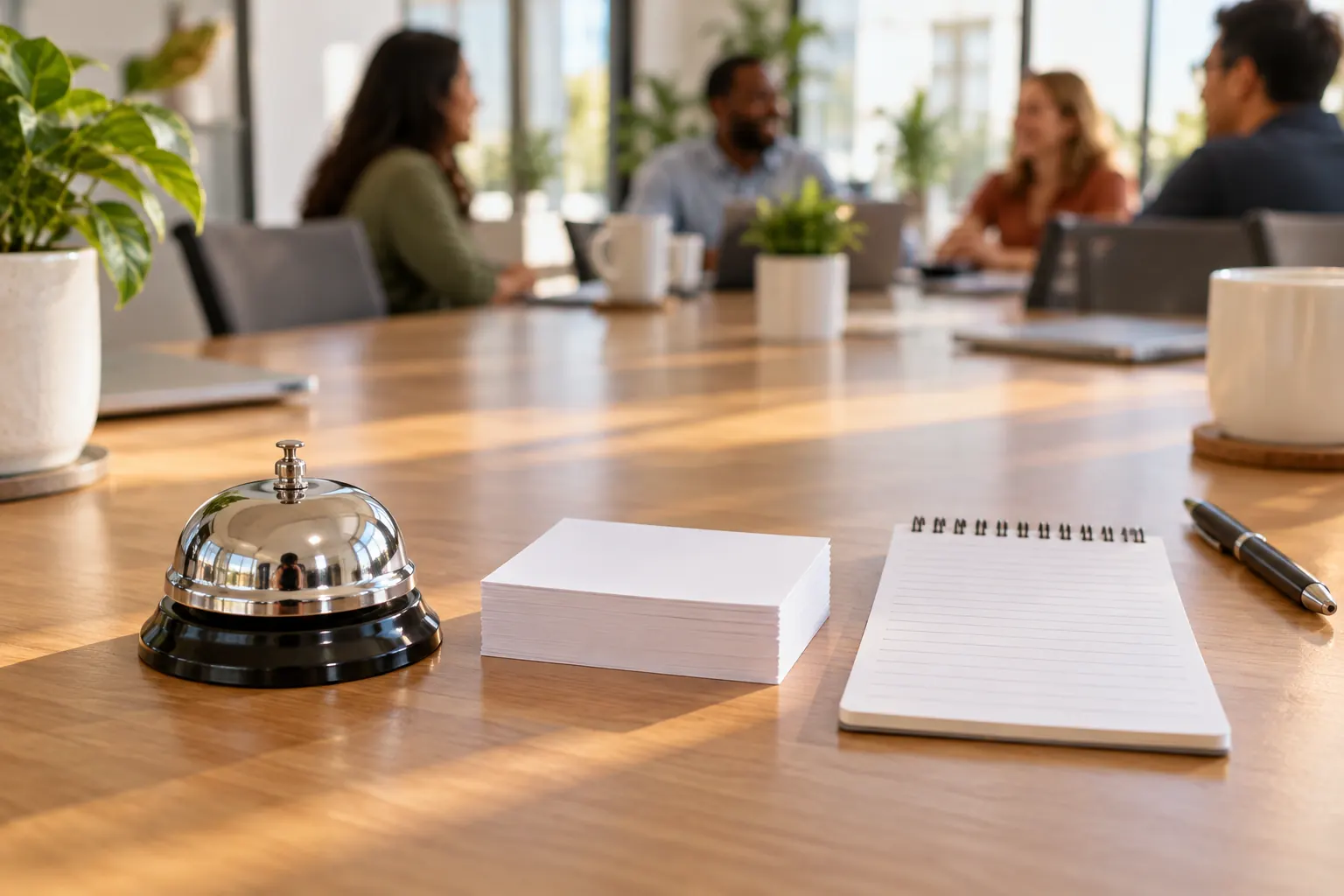 A silver desk bell, a stack of blank question cards and a notepad for scores on a meeting table.