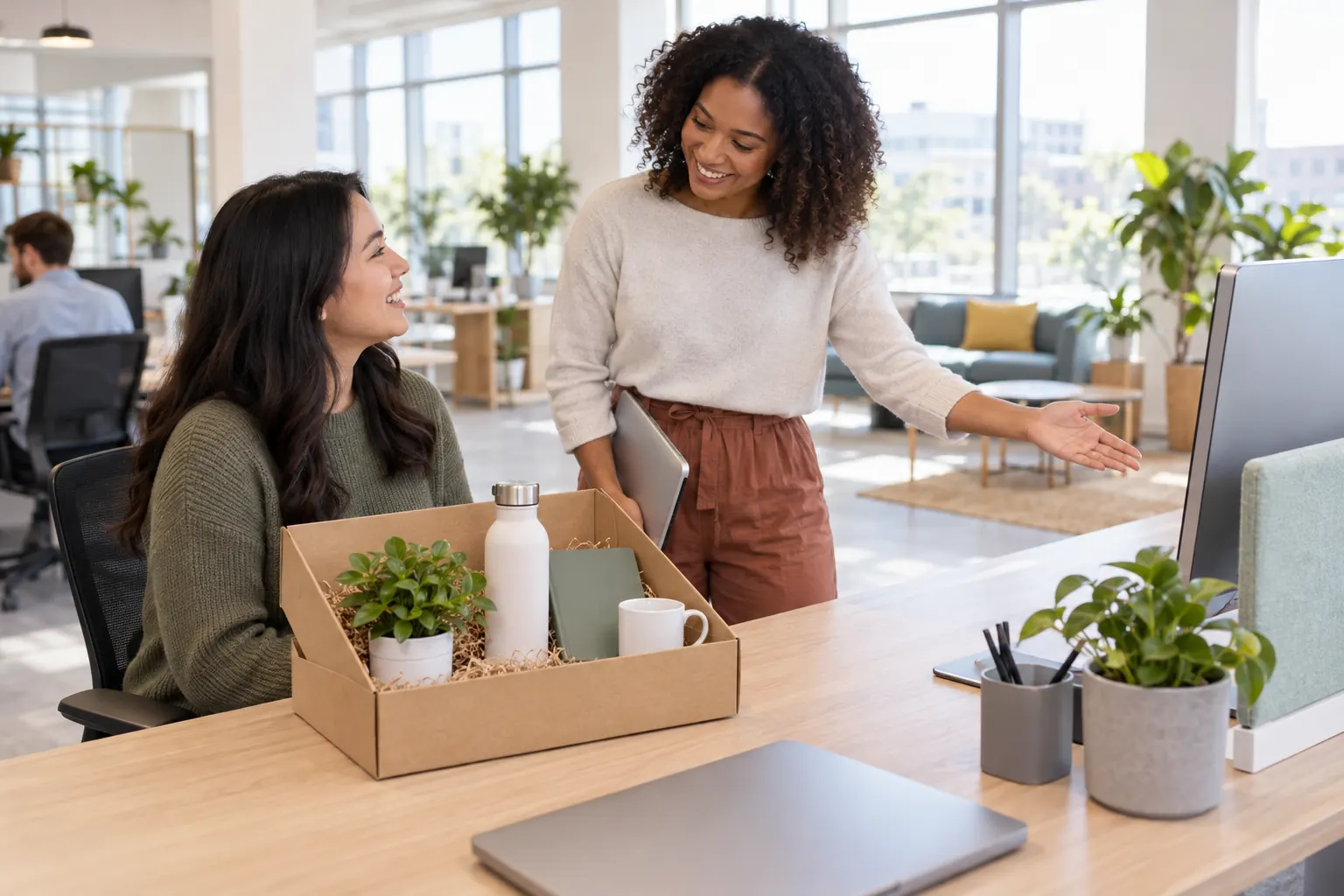 A smiling colleague welcomes a new employee seated at her desk beside an opened welcome box.