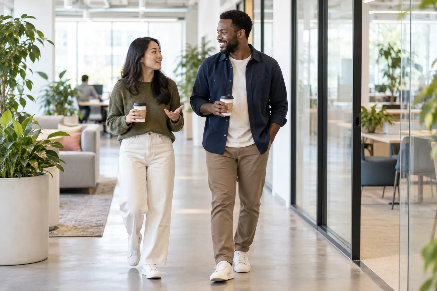 Two coworkers holding coffee cups chat as they walk together down a bright office corridor.