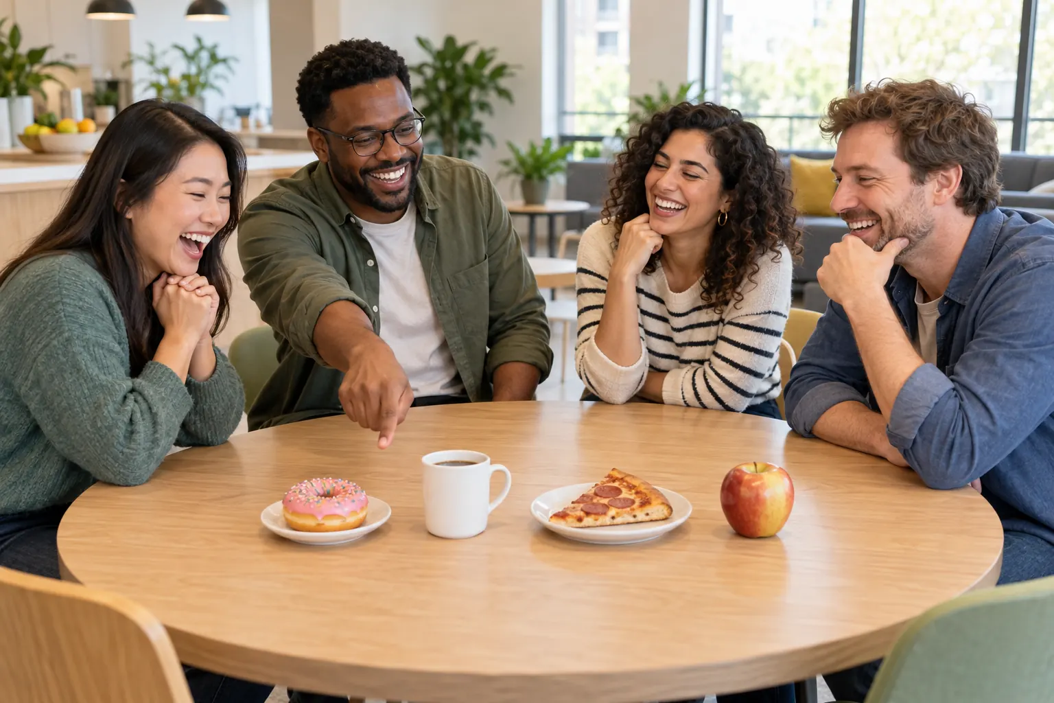 Four coworkers laugh at a round table as one points at a donut, coffee, pizza slice and apple.