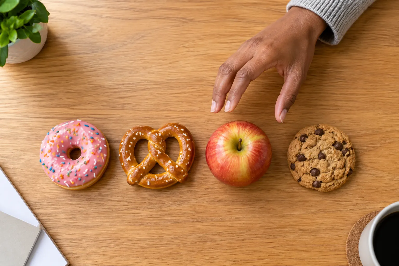 A hand reaches toward a donut, a pretzel, an apple and a cookie lined up on a desk.