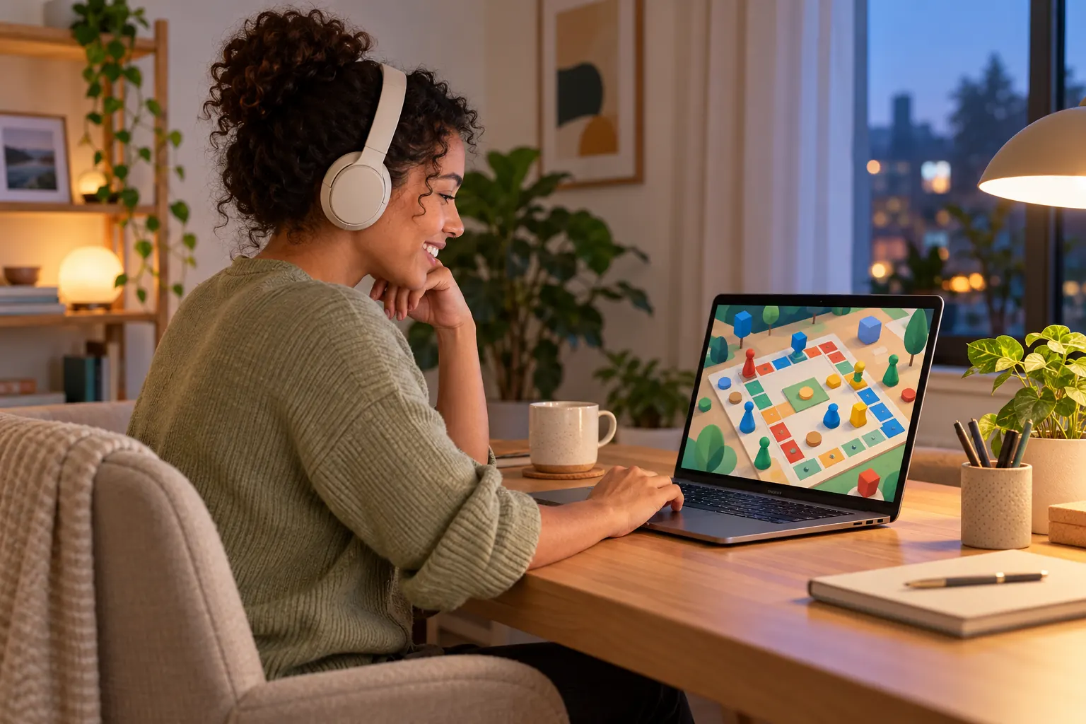 A relaxed remote worker in headphones plays a colorful online board game on a laptop at home.