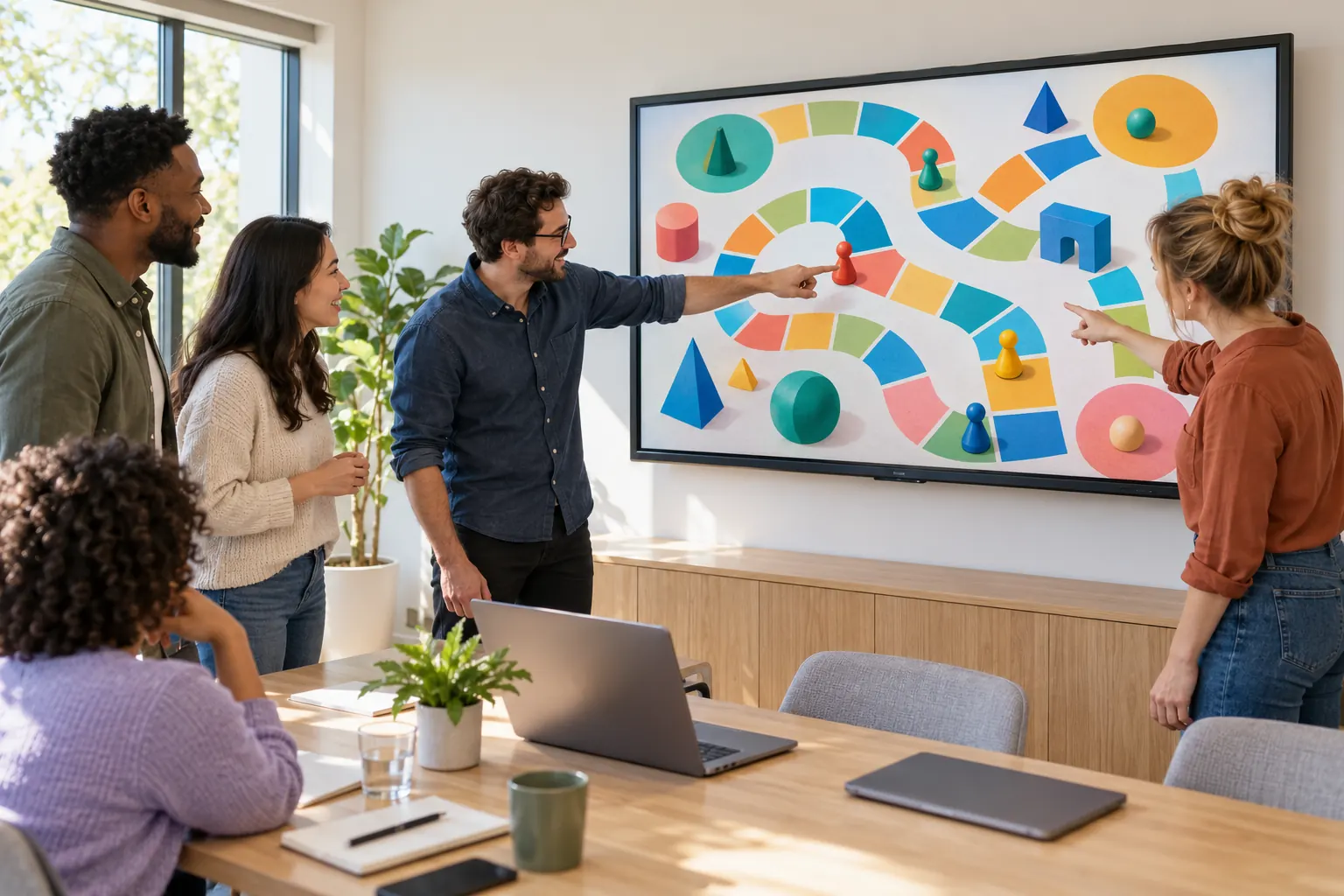 Coworkers in a conference room point at a colorful game board on a large wall screen.