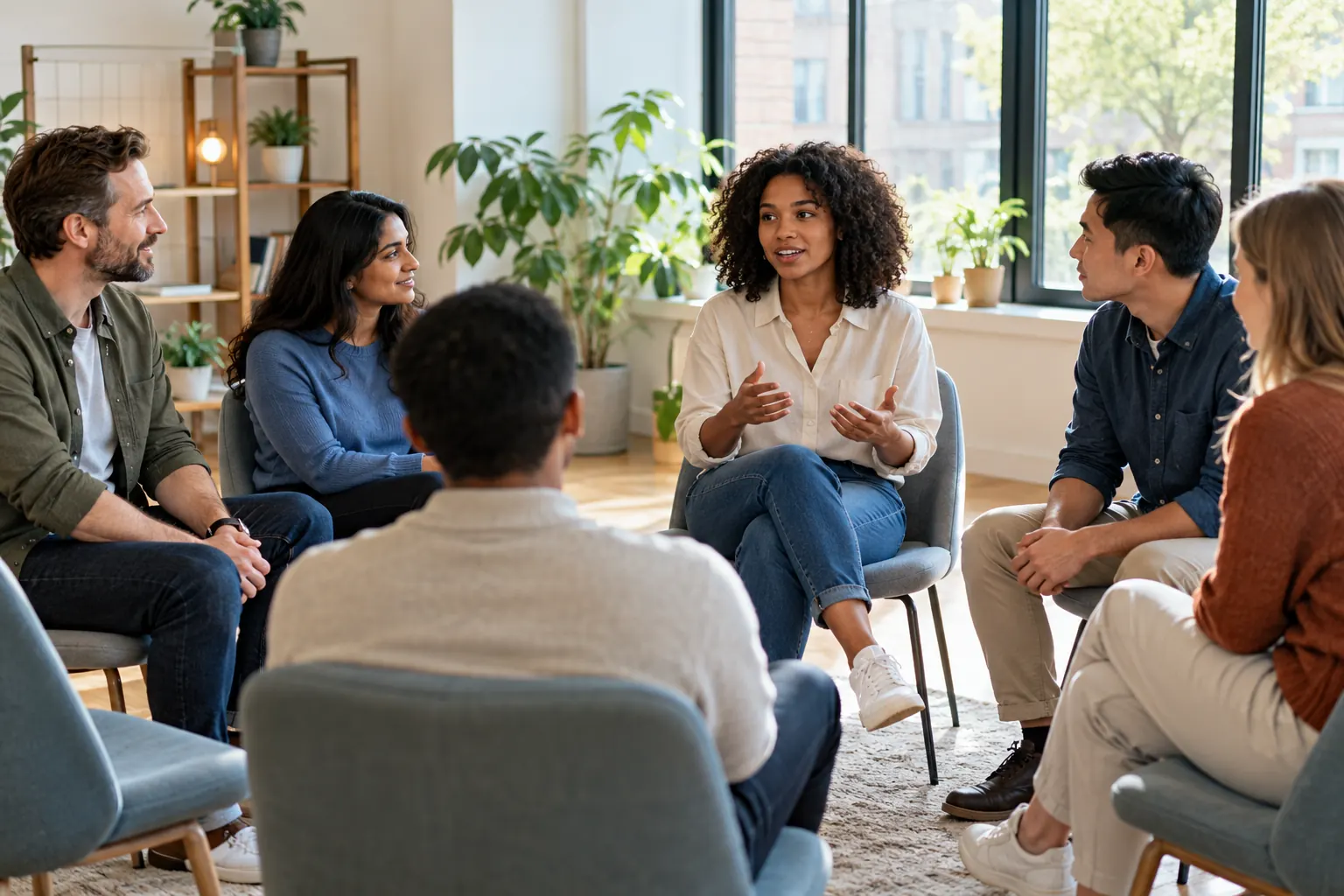Coworkers sit in a circle of chairs in a bright room, turned toward a woman who is speaking.