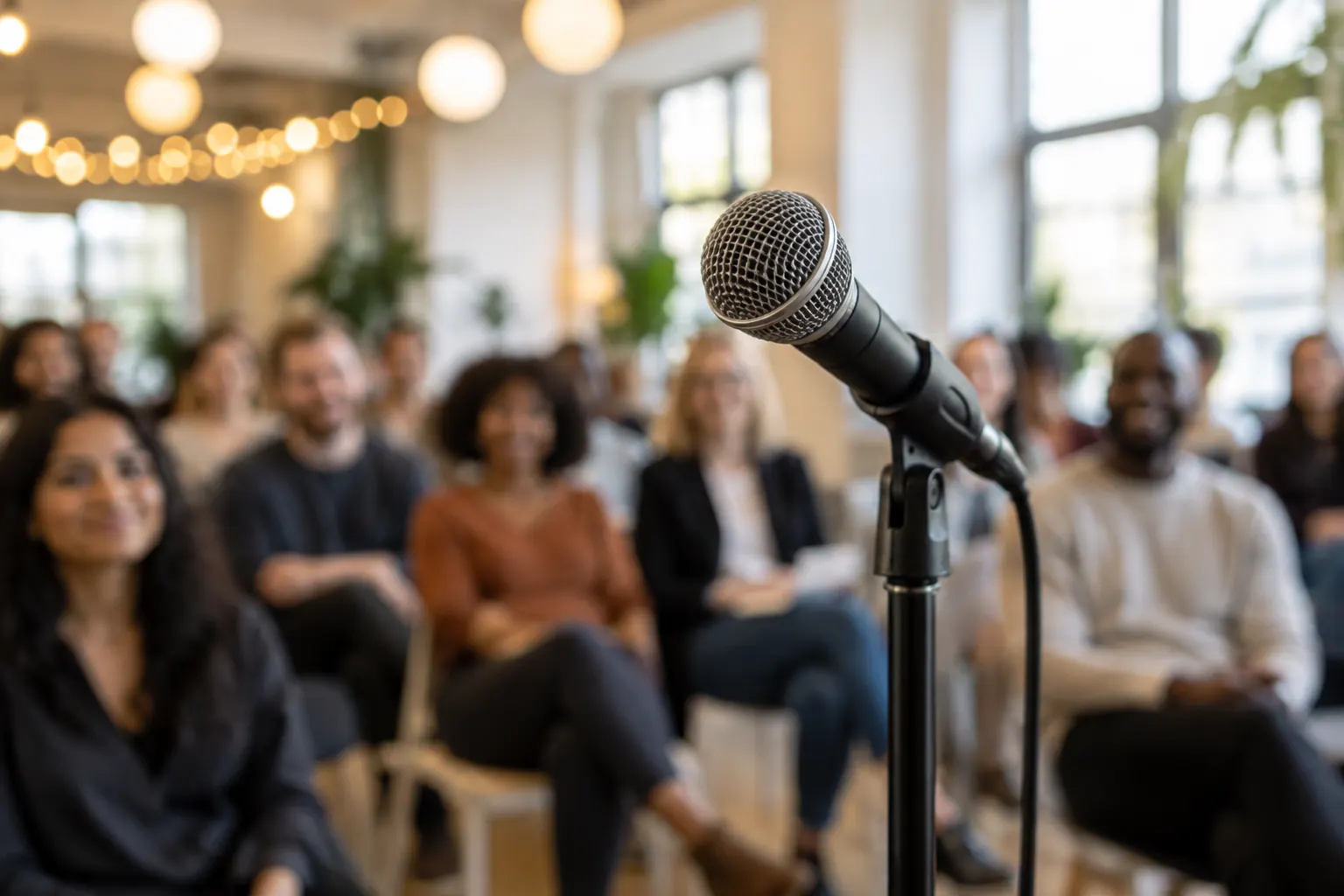 A microphone on a stand in front of a seated audience in a bright room with string lights.