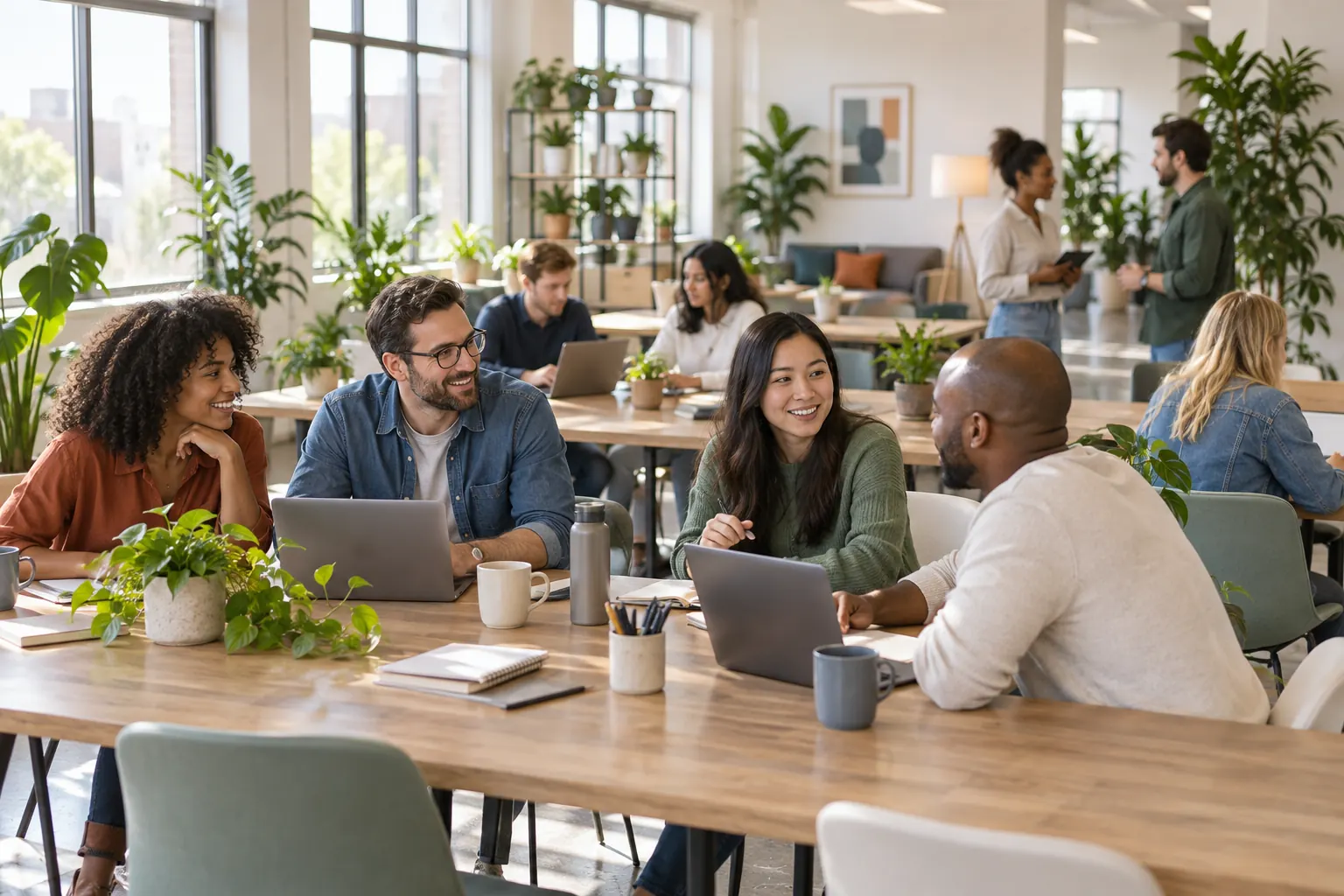 Coworkers chat and work on laptops at long wooden tables in a bright open office full of plants.