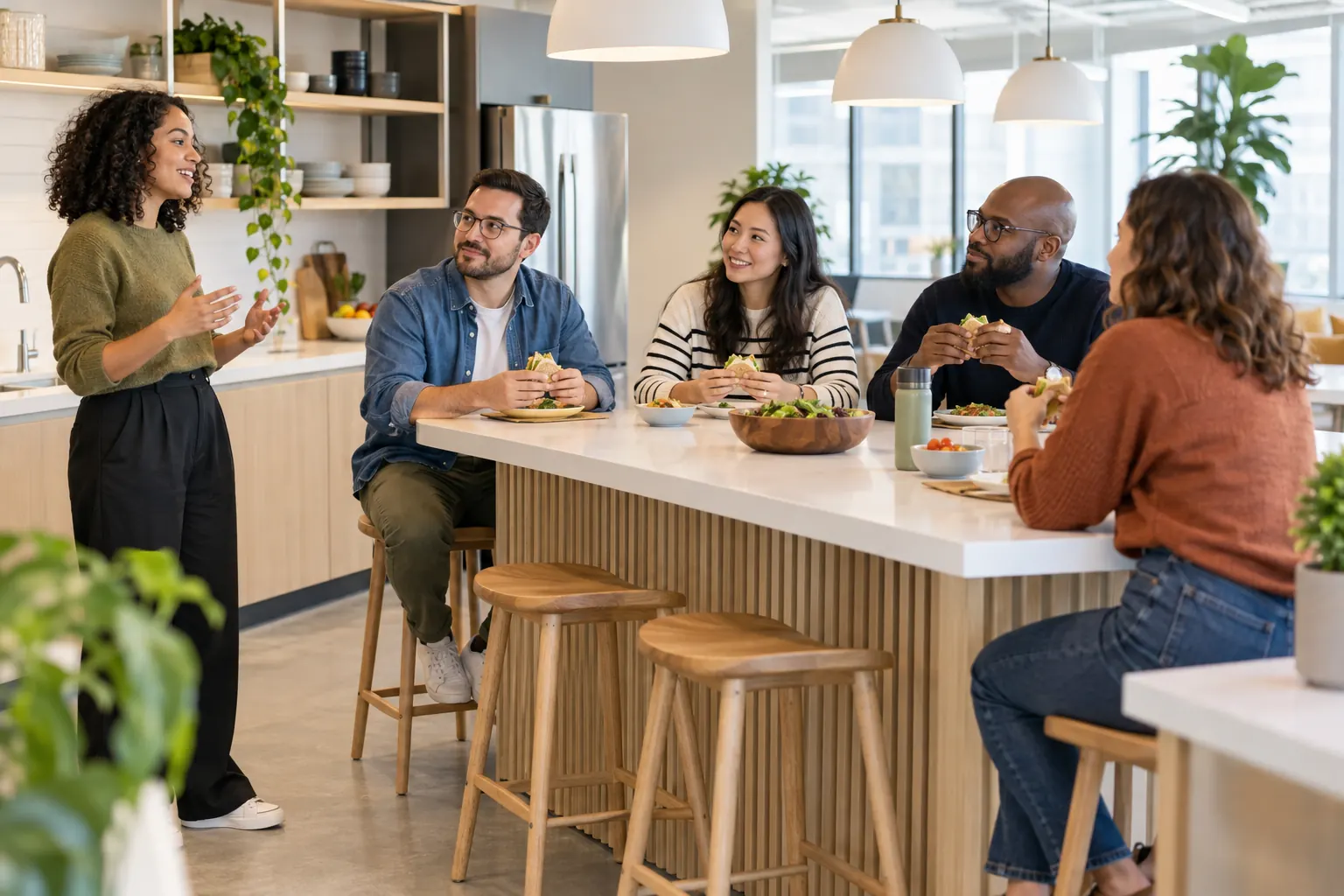 A woman presents to four colleagues eating sandwiches on stools around an office kitchen island.