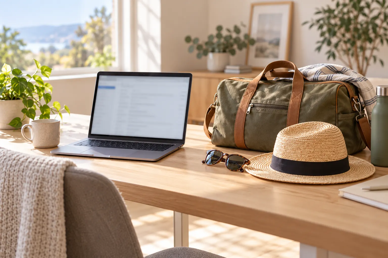 A laptop on a tidy desk beside a packed weekend bag, sunglasses and a sun hat in morning light.