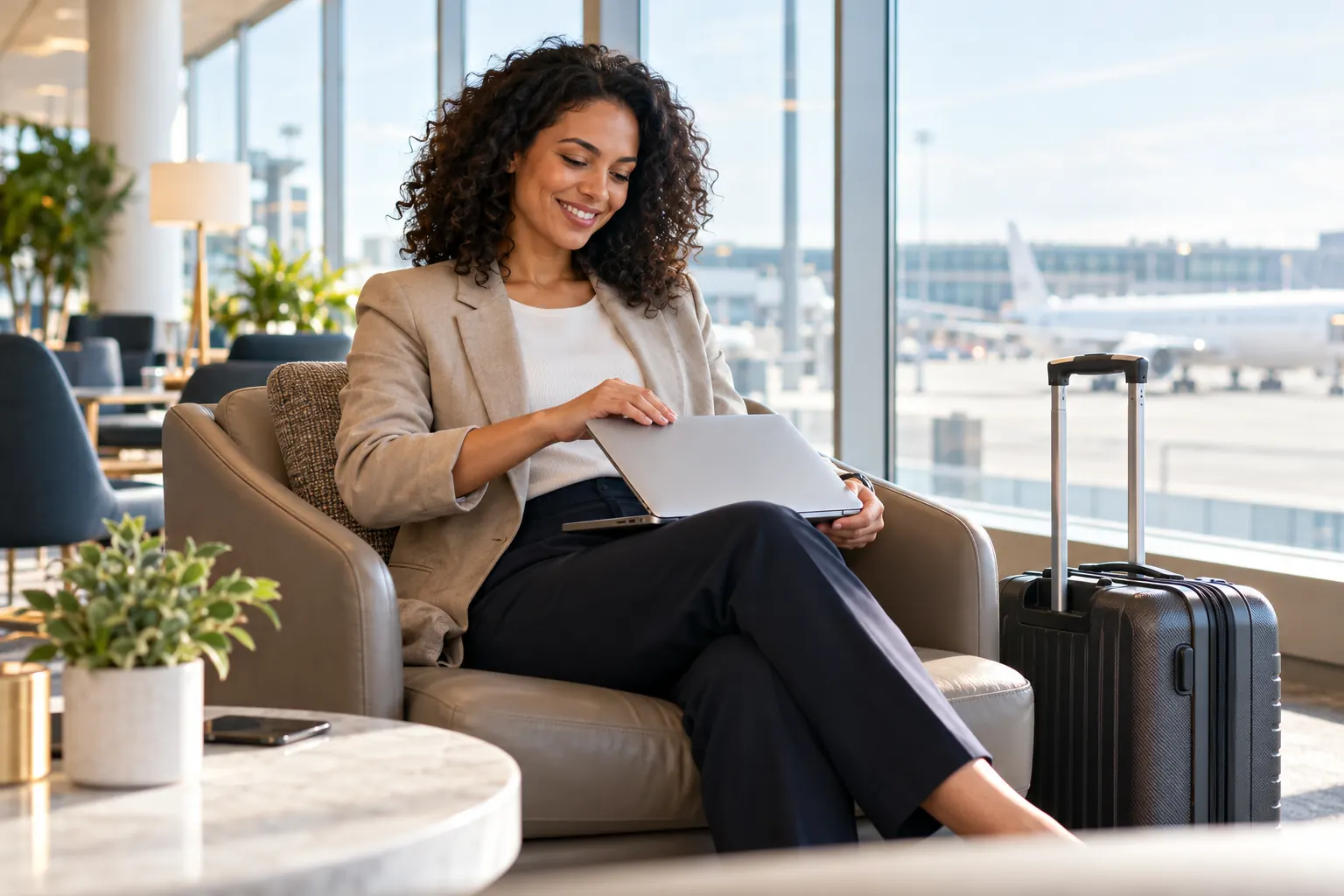 A smiling woman closes her laptop in a bright airport lounge, a carry-on suitcase beside her.