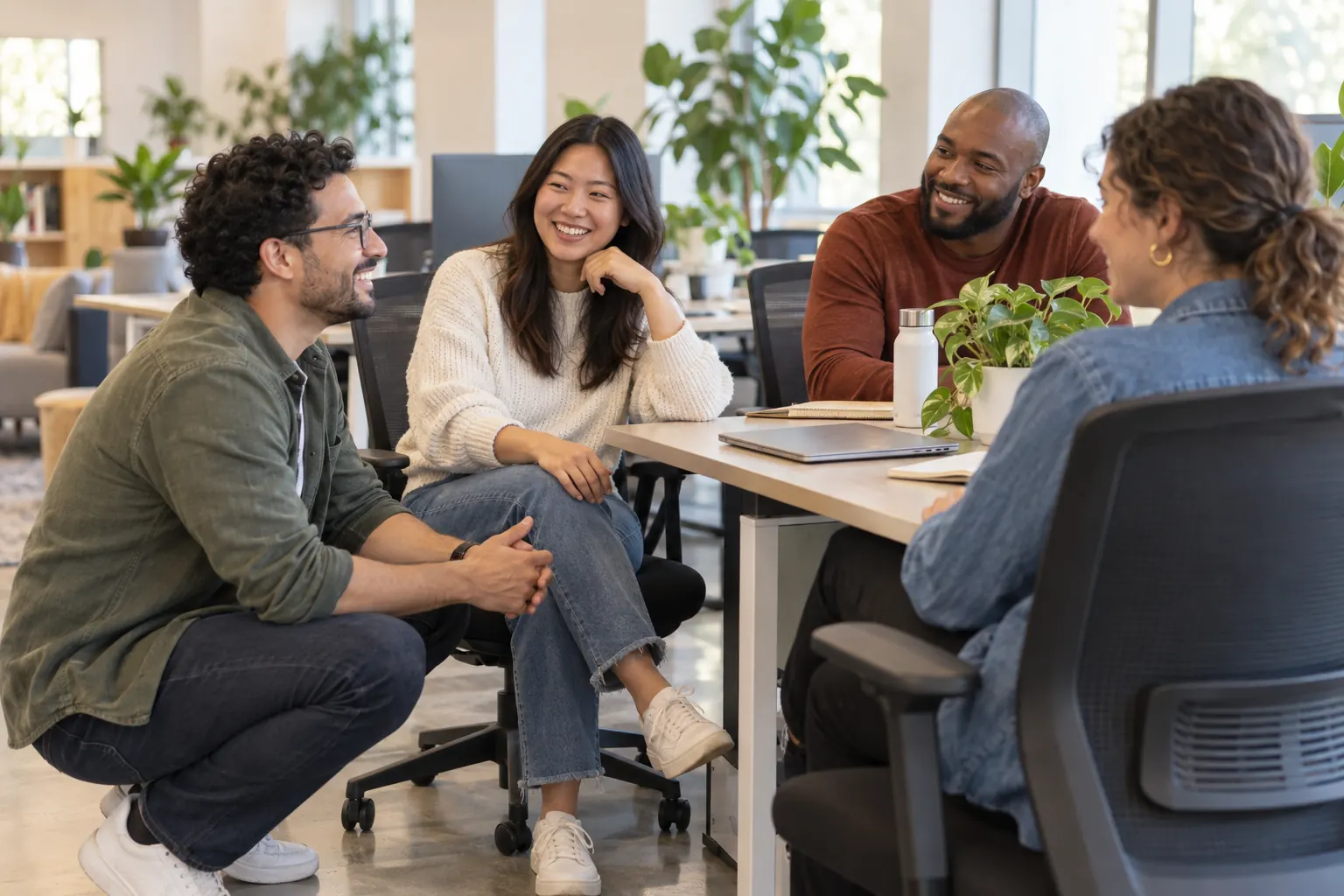 A team lead crouches beside a desk to chat with three seated coworkers, all smiling, in a bright office.