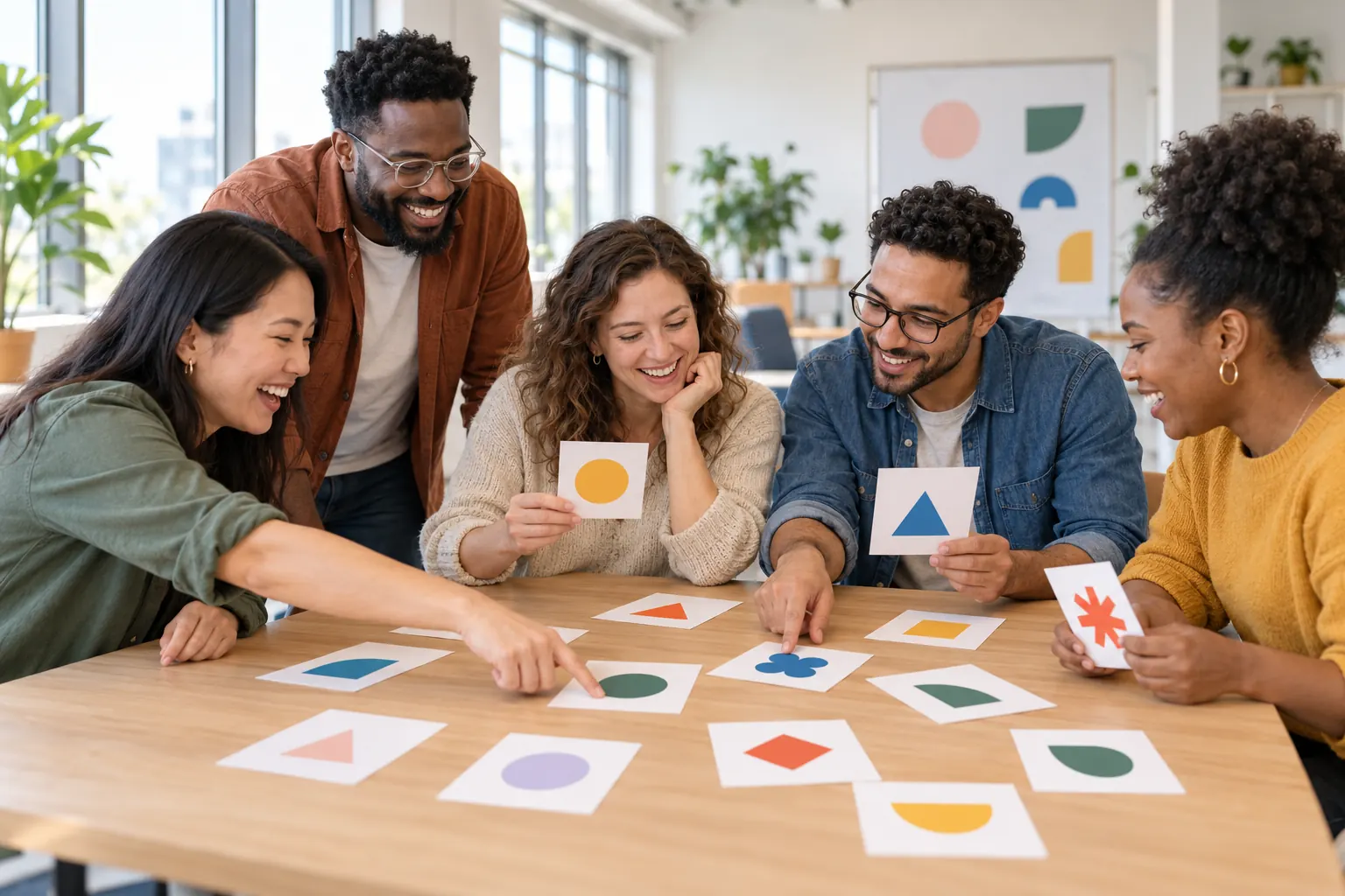 Five coworkers laugh around a table covered in cards printed with colorful shapes, some holding up the card they picked.