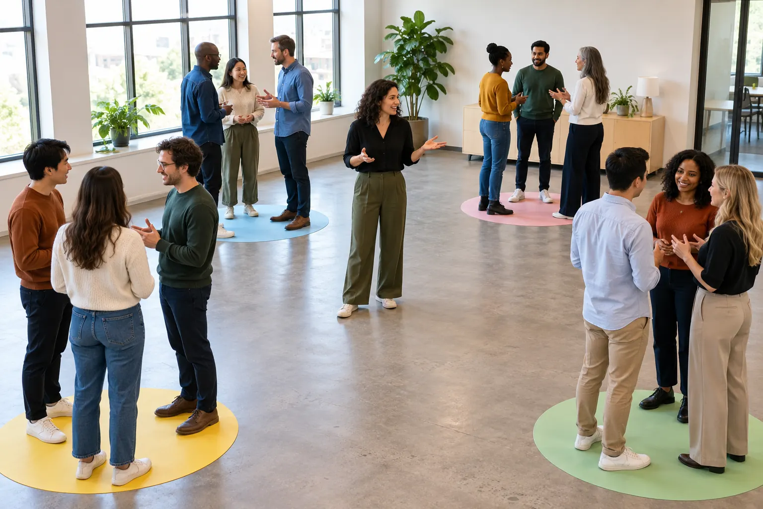 Coworkers stand in small groups on colored floor circles in an open office while a facilitator talks with them.
