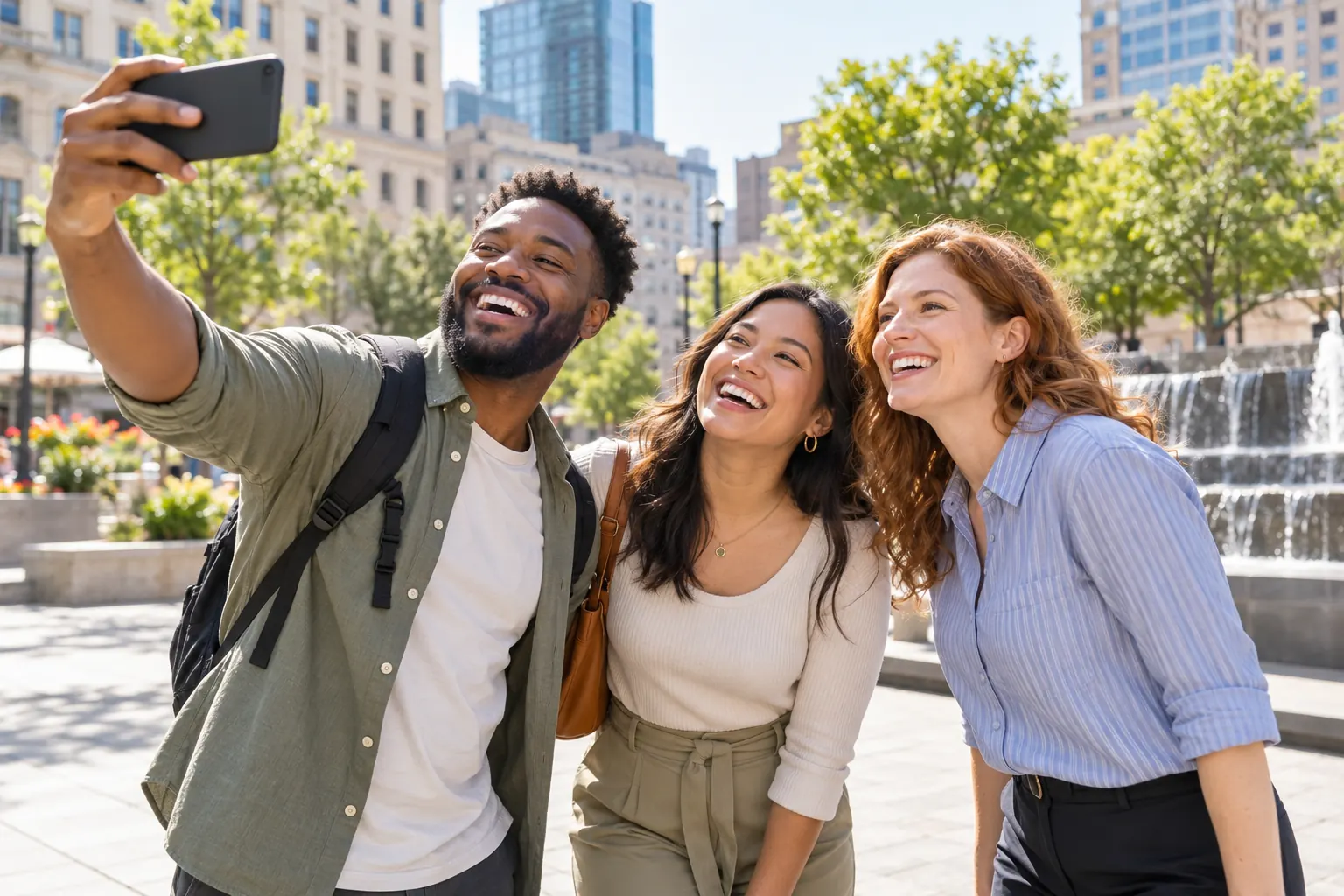 Three laughing coworkers take a group selfie beside a fountain on a sunny city plaza.