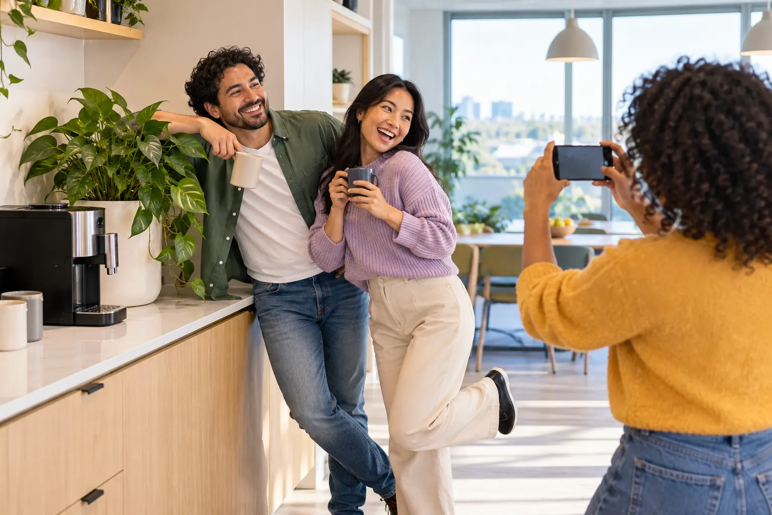 Two coworkers holding mugs pose beside an office plant and coffee machine while a third takes their photo.