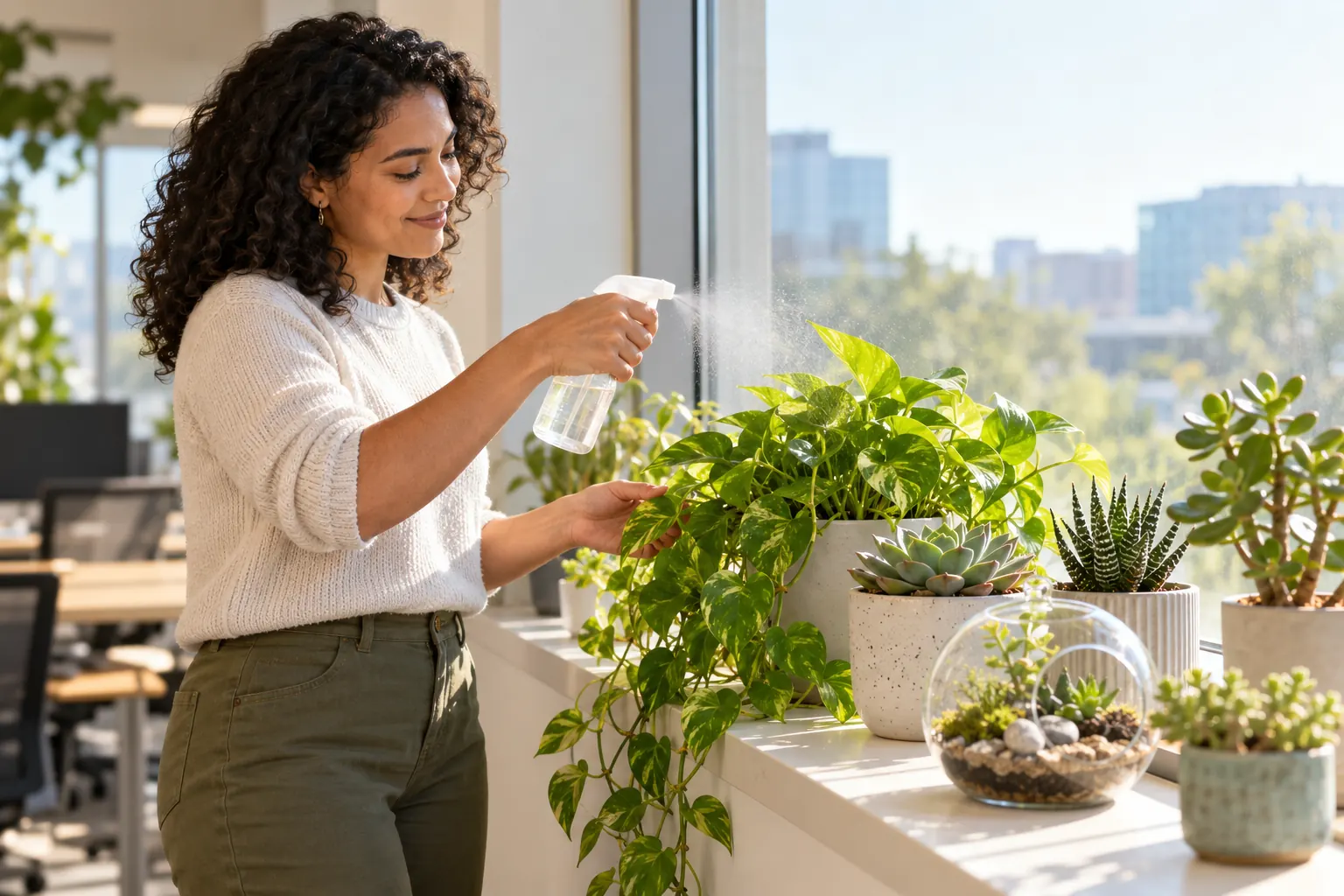A woman mists a trailing pothos on a sunny office windowsill lined with succulents, a jade plant and a small glass terrarium.
