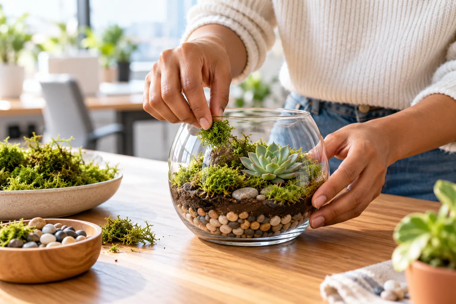 Hands tuck green moss around a succulent inside a glass terrarium bowl layered with pebbles and soil.