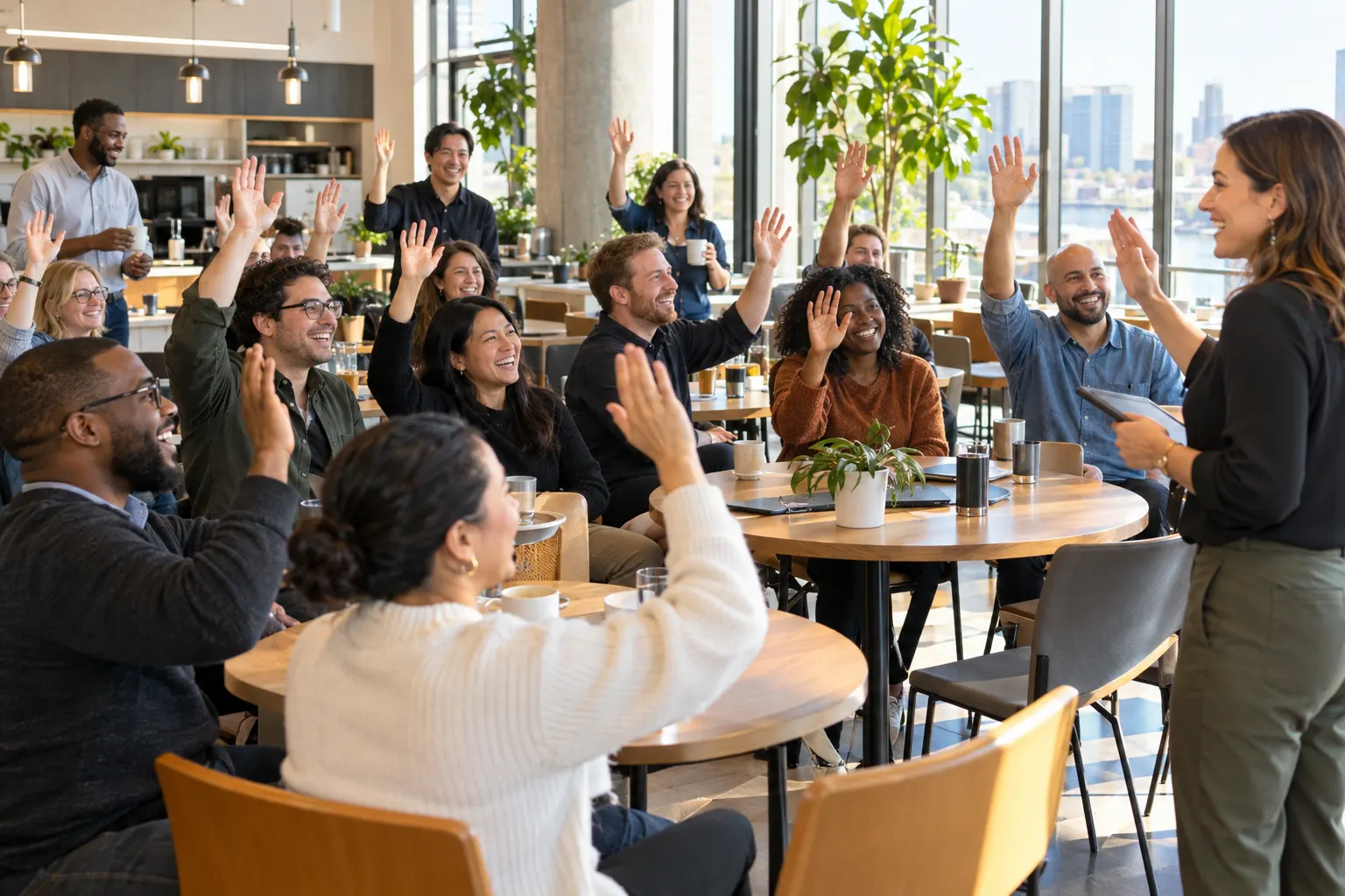 Employees raise their hands to vote and laugh during an all-hands meeting in an office cafe