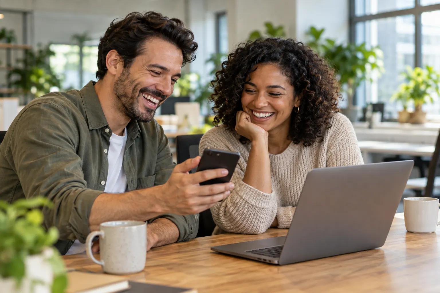 Two coworkers laugh at a phone at a shared office desk