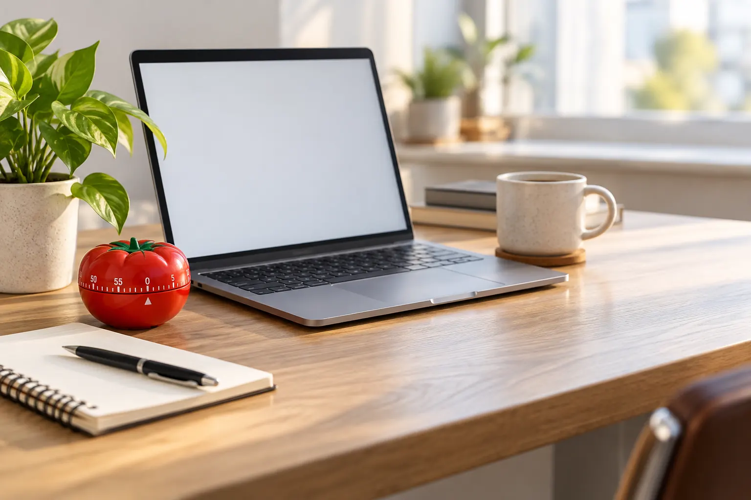 A red tomato-shaped kitchen timer beside a laptop, a notebook and a coffee mug on a sunny wooden desk.