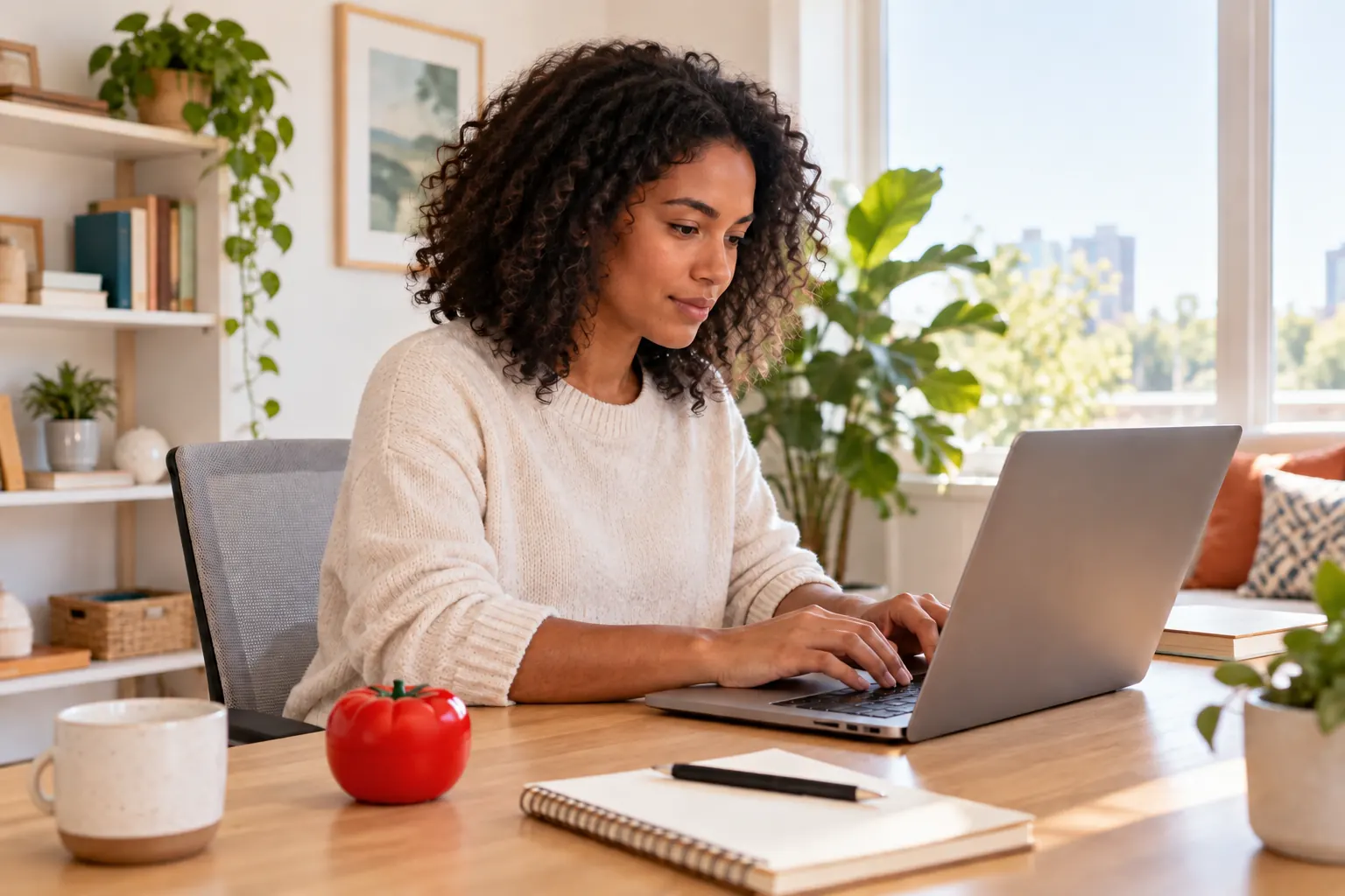 A woman typing on a laptop at a sunny home desk, with a red tomato-shaped kitchen timer beside her.