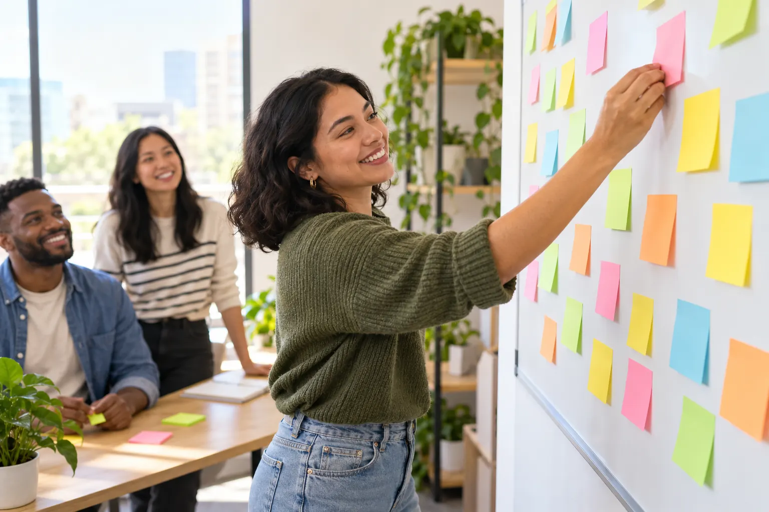 A smiling woman sticks a pink note on a whiteboard full of colorful notes while two coworkers look on.