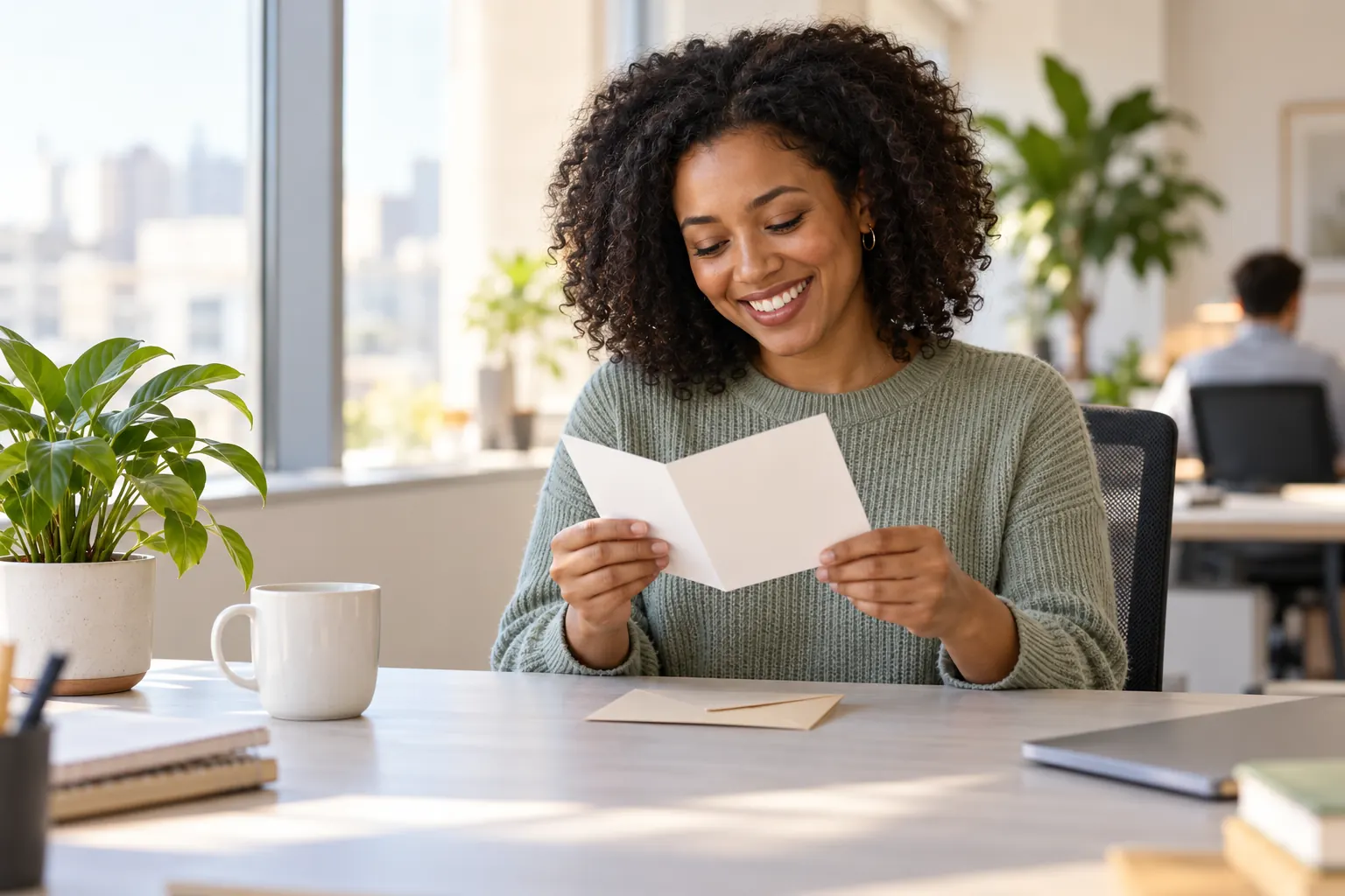 A woman at a sunny office desk smiles as she reads a small card, a mug beside her.