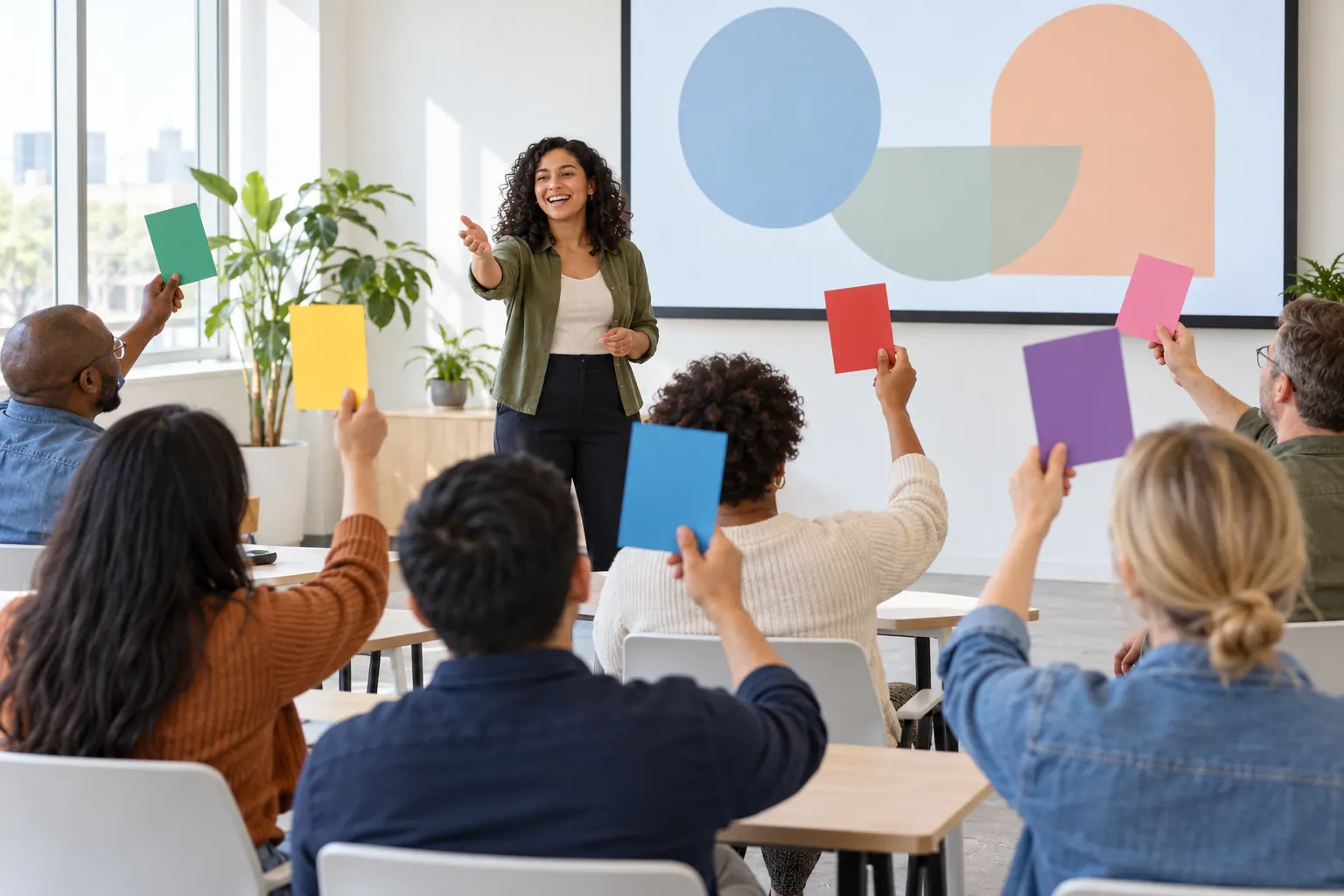 A presenter smiles at the front of a bright training room as audience members raise colored cards to answer.
