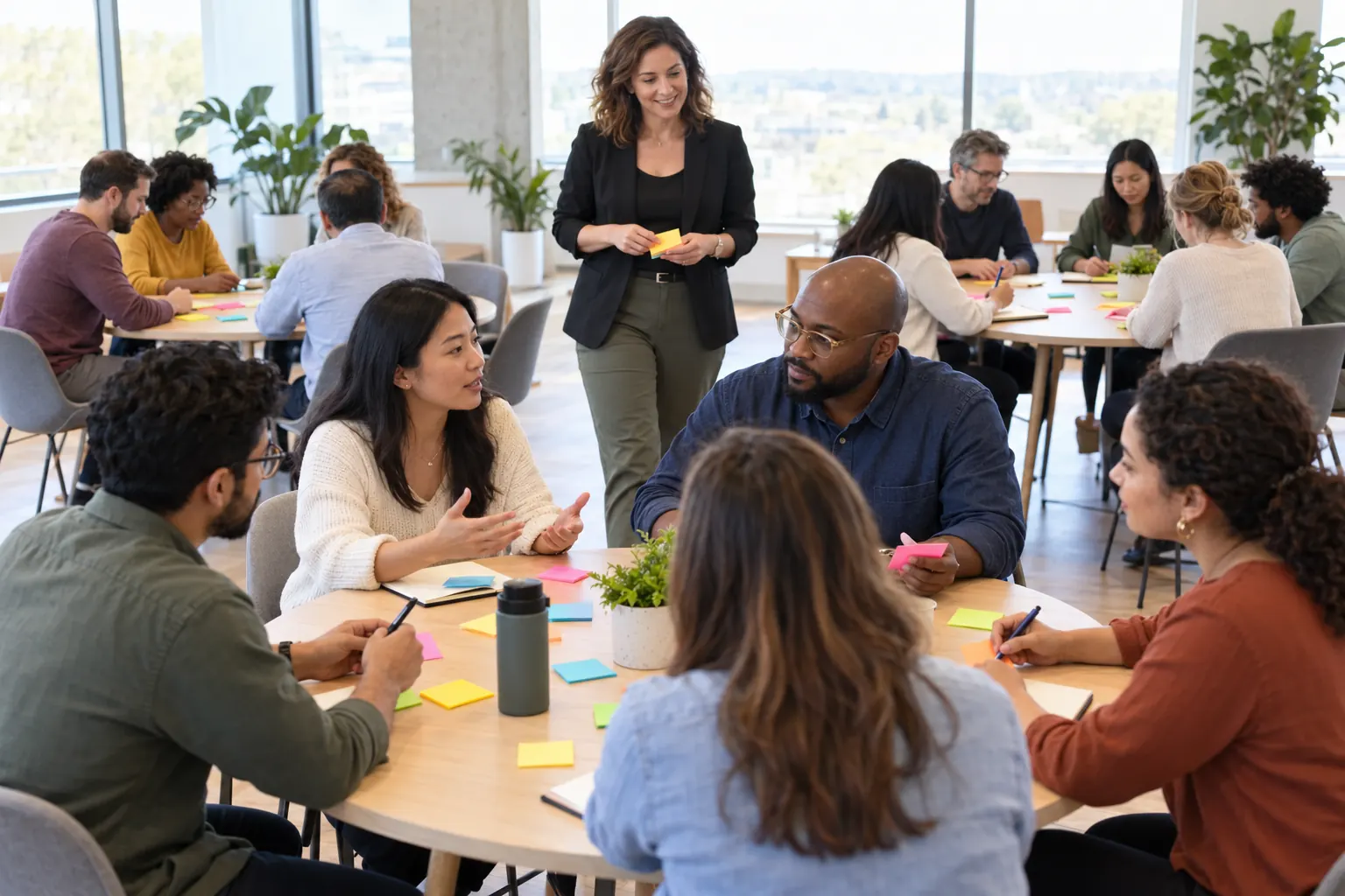 Workshop participants at round tables discuss in small groups and write on sticky notes while a facilitator walks between them.