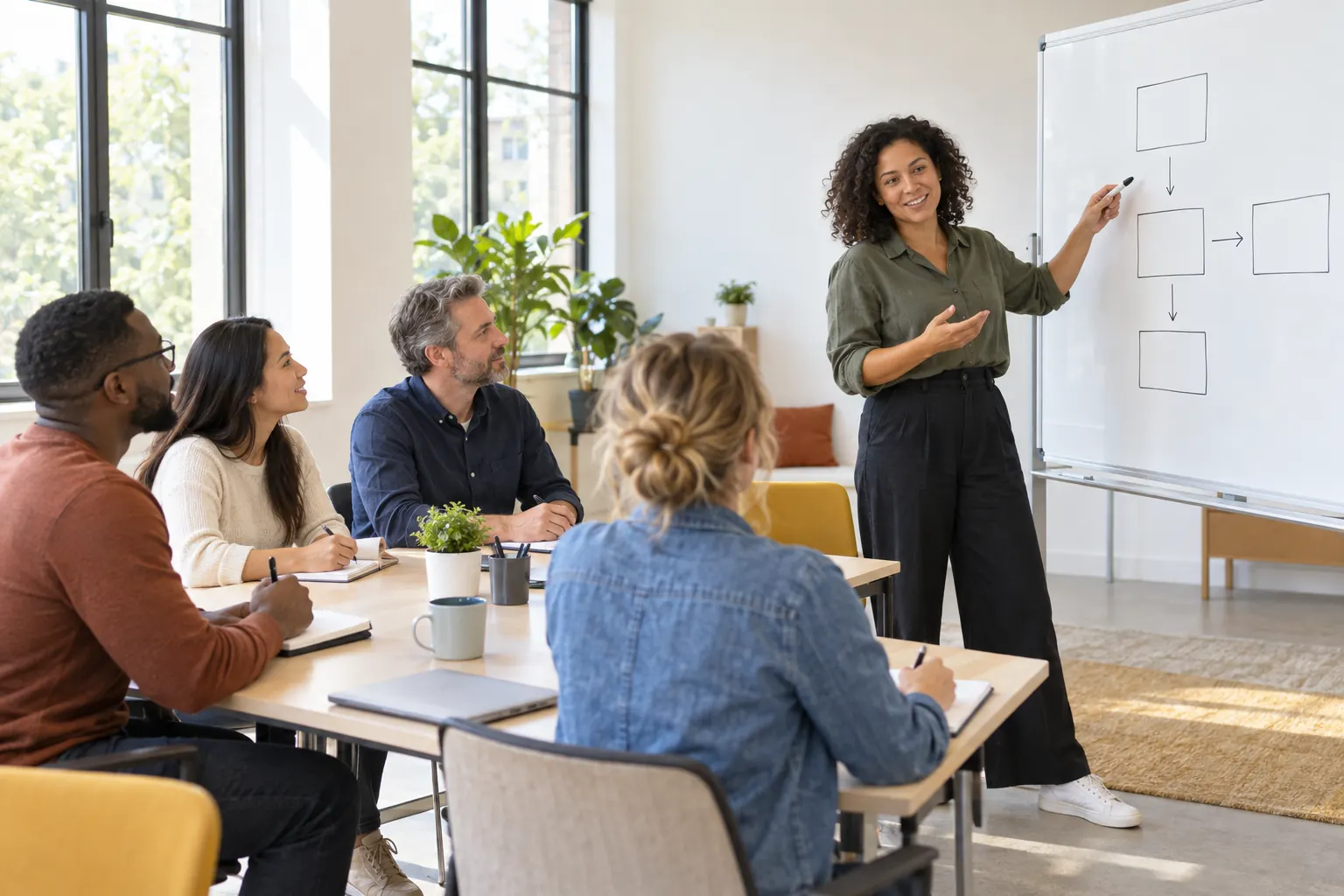 A presenter points to a simple box diagram on a whiteboard while four colleagues take notes.