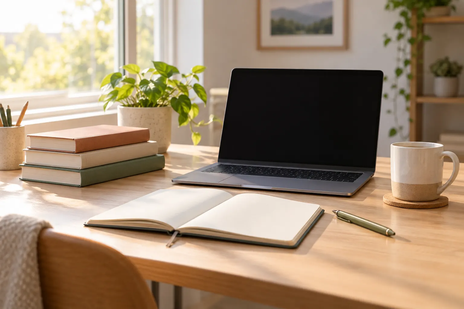 A sunny desk with an open notebook, a pen, a stack of books, a laptop and a mug.